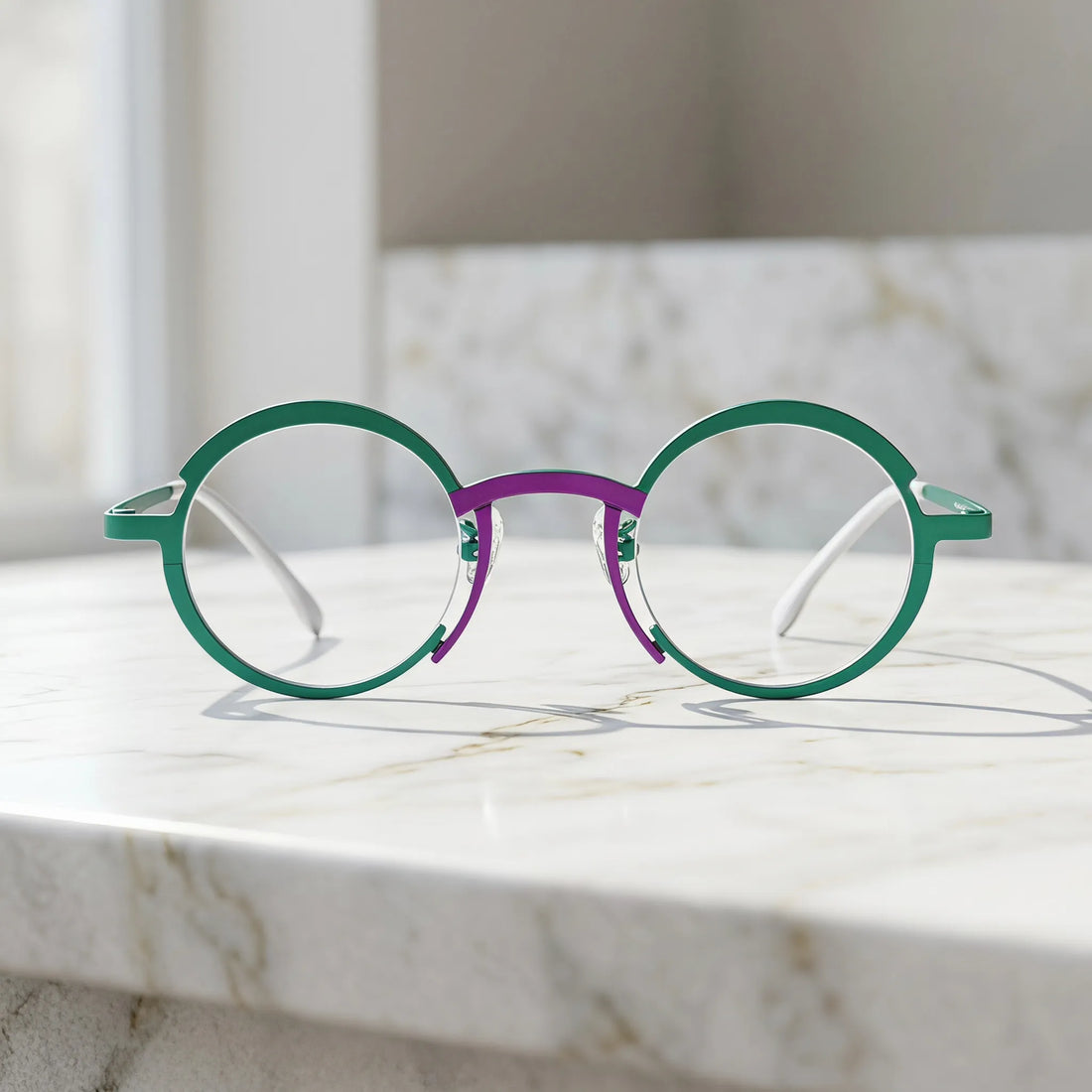 Barledear Jade Green Violet Purple eyeglasses lifestyle front view showing the artistic round titanium frame and contrasting color details