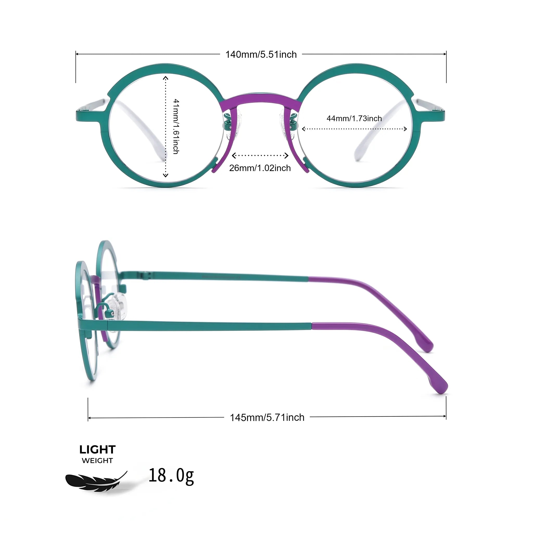 Barledear Jade Green Violet Purple eyeglasses size chart with 140 mm frame width, 44 mm lens width, 41 mm lens height, 26 mm bridge, and 145 mm temple length