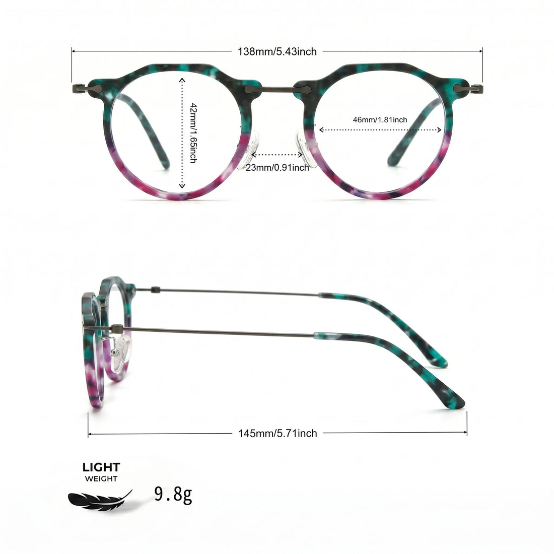 Barledear Jade Violet eyeglasses size chart with 138mm frame width 46mm lens width 42mm lens height 23mm bridge and 145mm temple measurements