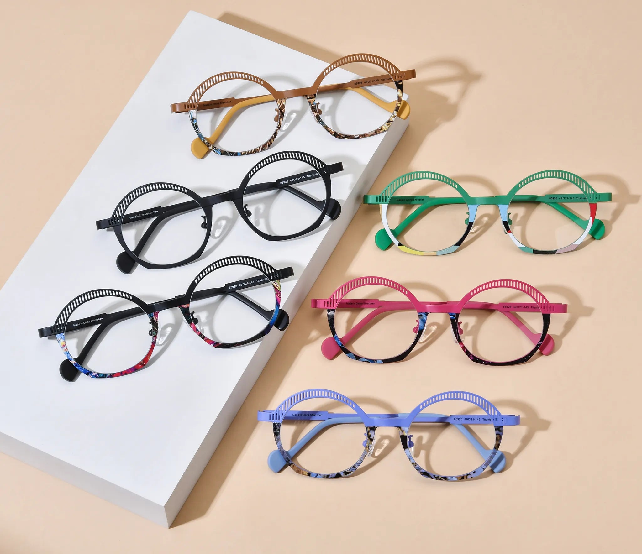 Barledear Lavender Mosaic eyeglasses color detail showing purple titanium top rim, light blue temple tips, and mosaic lower rim accents