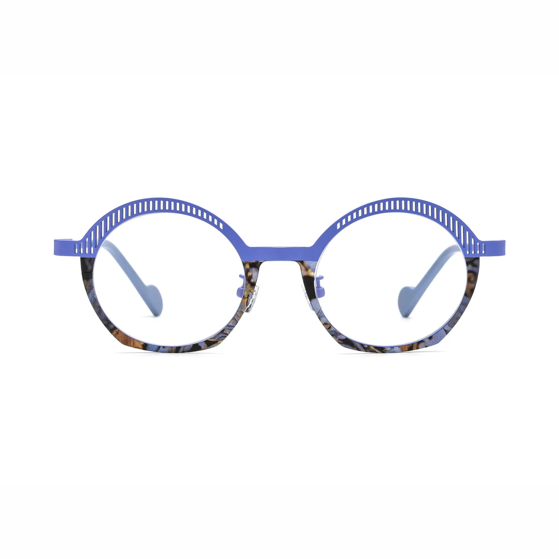 Barledear Lavender Mosaic eyeglasses front view with lightweight geometric oval pure titanium full-rim frame and decorative slotted browline