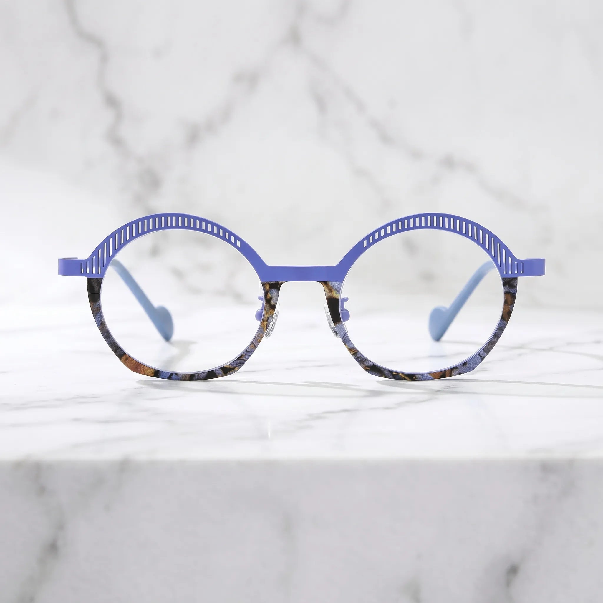 Barledear Lavender Mosaic eyeglasses shown in a clean lifestyle front view with colorful mosaic lower rim and soft purple titanium frame