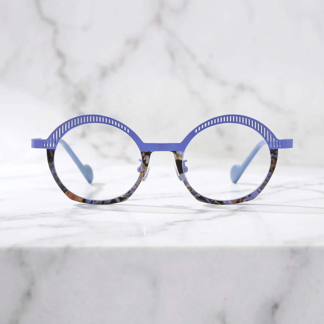 Barledear Lavender Mosaic eyeglasses shown in a clean lifestyle front view with colorful mosaic lower rim and soft purple titanium frame