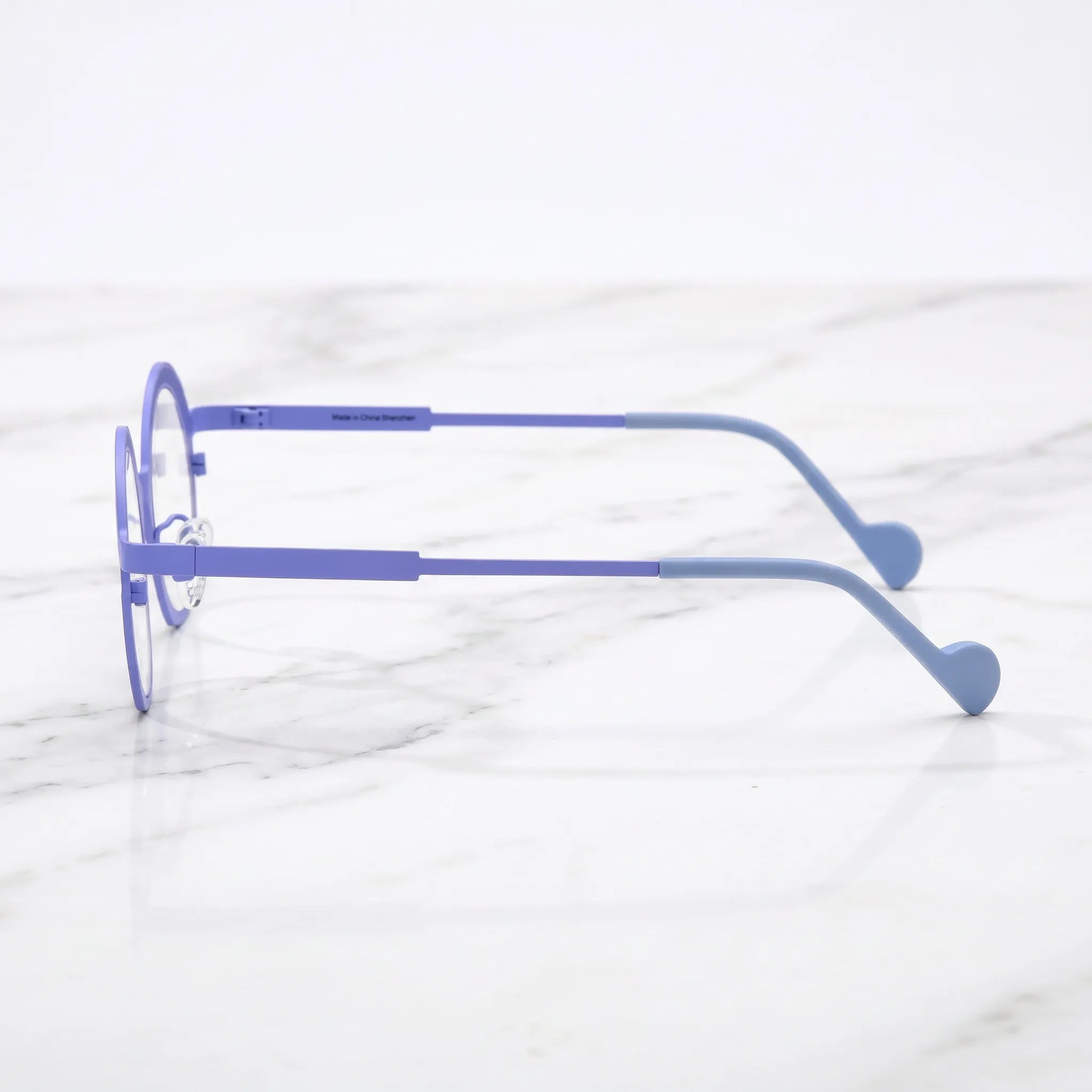 Barledear Lavender Mosaic eyeglasses angled side view showing slim titanium temples, curved temple tips, and lightweight full-rim structure