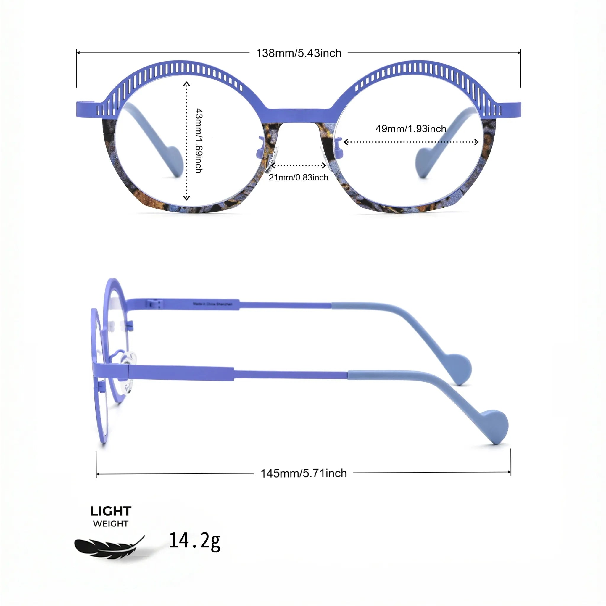 Barledear Lavender Mosaic eyeglasses size chart showing 138 mm frame width, 49 mm lens width, 43 mm lens height, 21 mm bridge, and 145 mm temple length