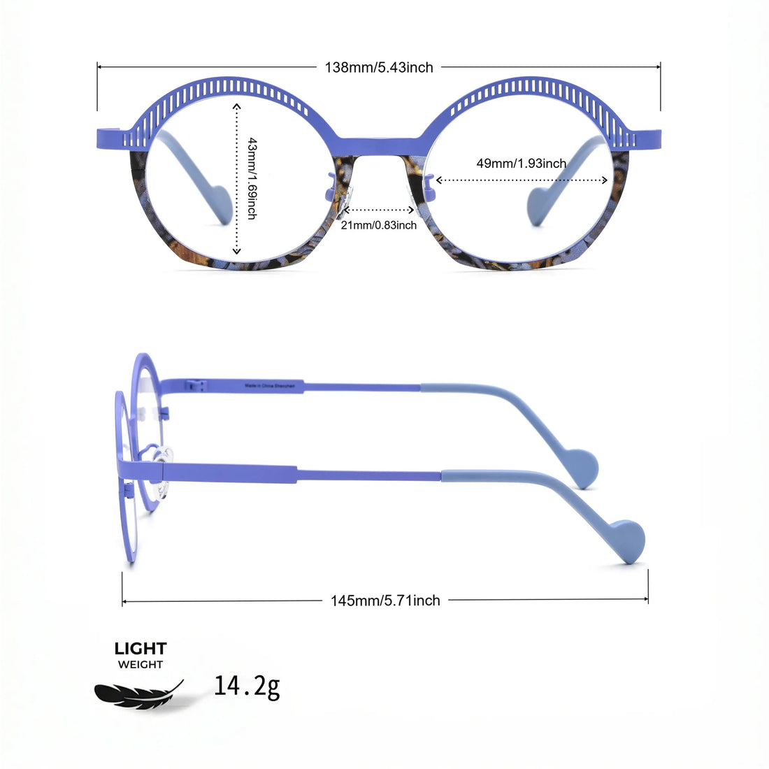 Barledear Lavender Mosaic eyeglasses size chart showing 138 mm frame width, 49 mm lens width, 43 mm lens height, 21 mm bridge, and 145 mm temple length