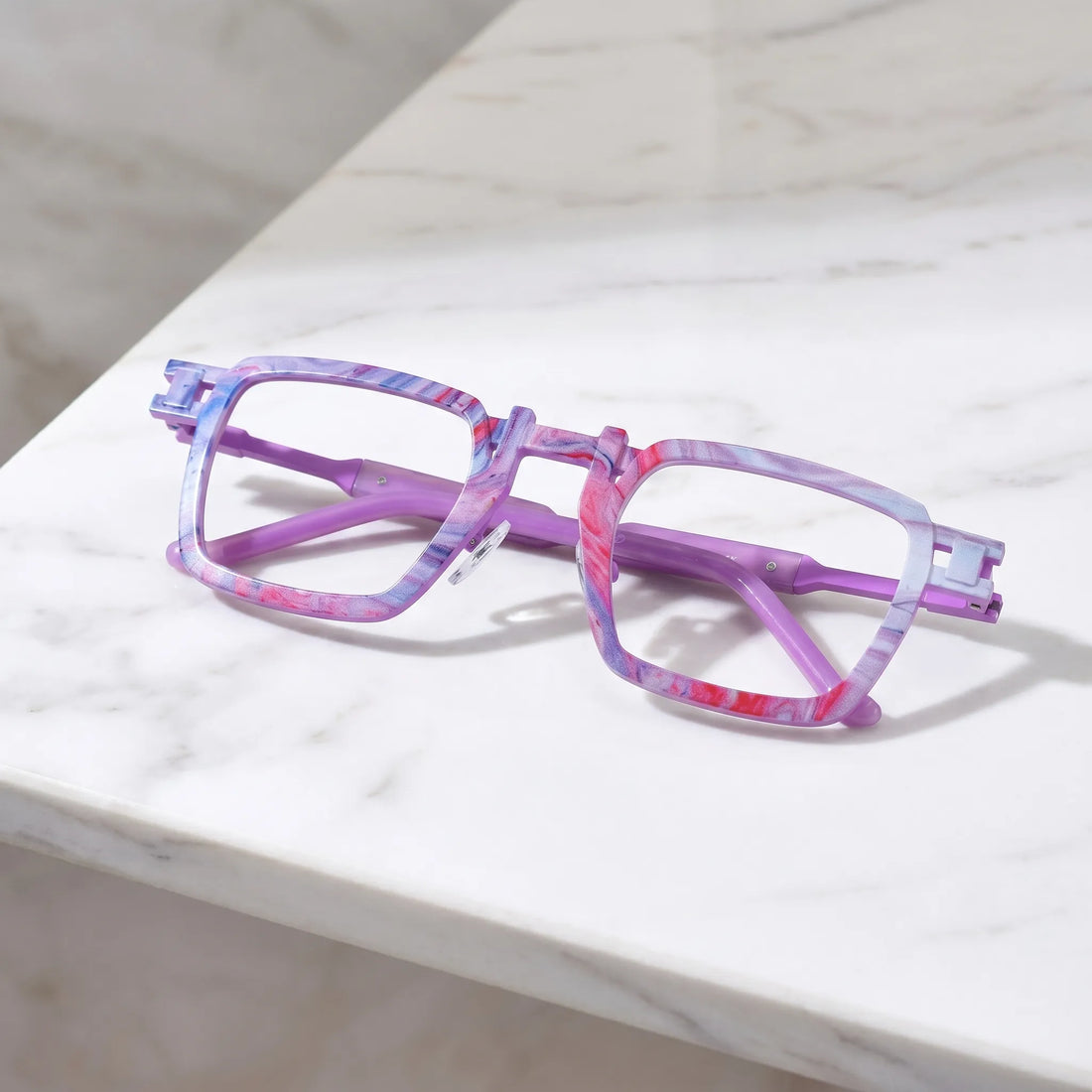 Barledear Lavender Rose Mosaic eyeglasses folded display showing pure titanium frame structure, lavender temples, and square full-rim design