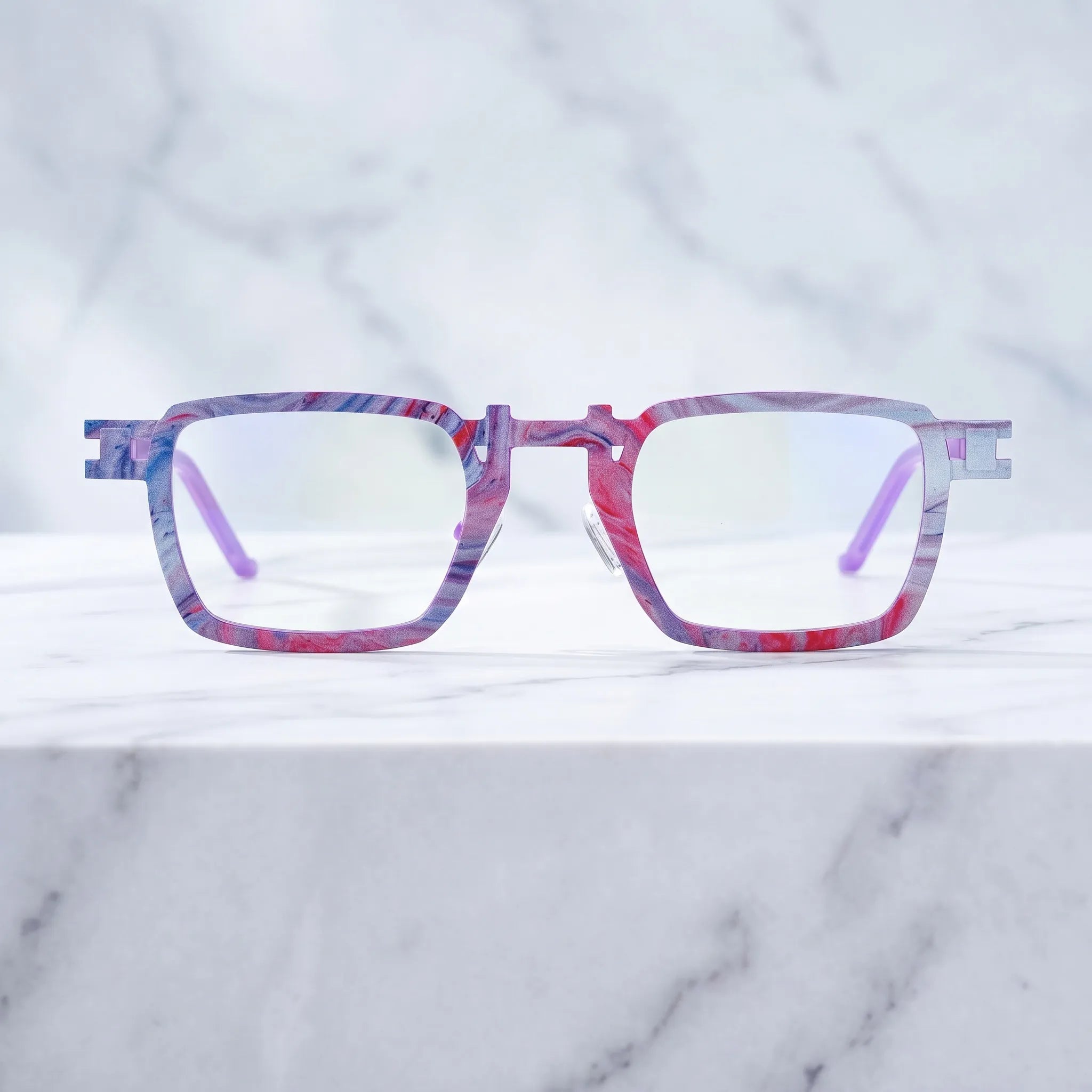 Barledear Lavender Rose Mosaic eyeglasses shown in a clean lifestyle front view with soft pink purple colorblock styling