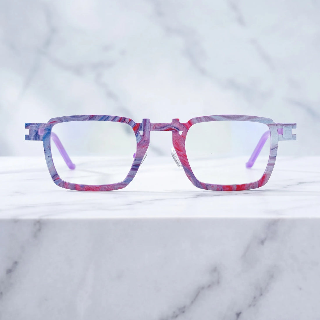 Barledear Lavender Rose Mosaic eyeglasses shown in a clean lifestyle front view with soft pink purple colorblock styling