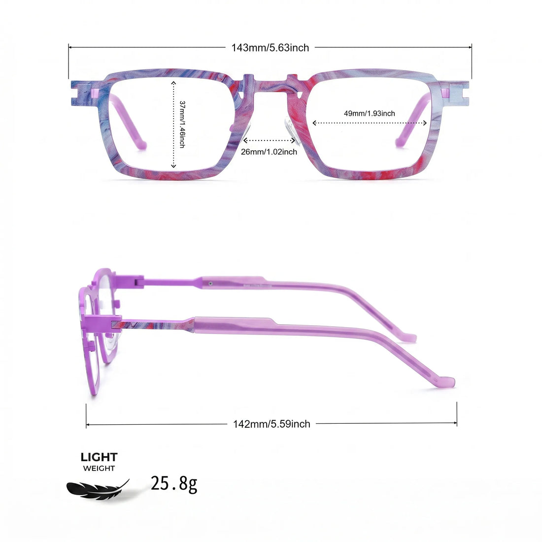 Barledear Lavender Rose Mosaic eyeglasses size chart showing 143 mm frame width, 49 mm lens width, 37 mm lens height, 26 mm bridge, and 142 mm temple length