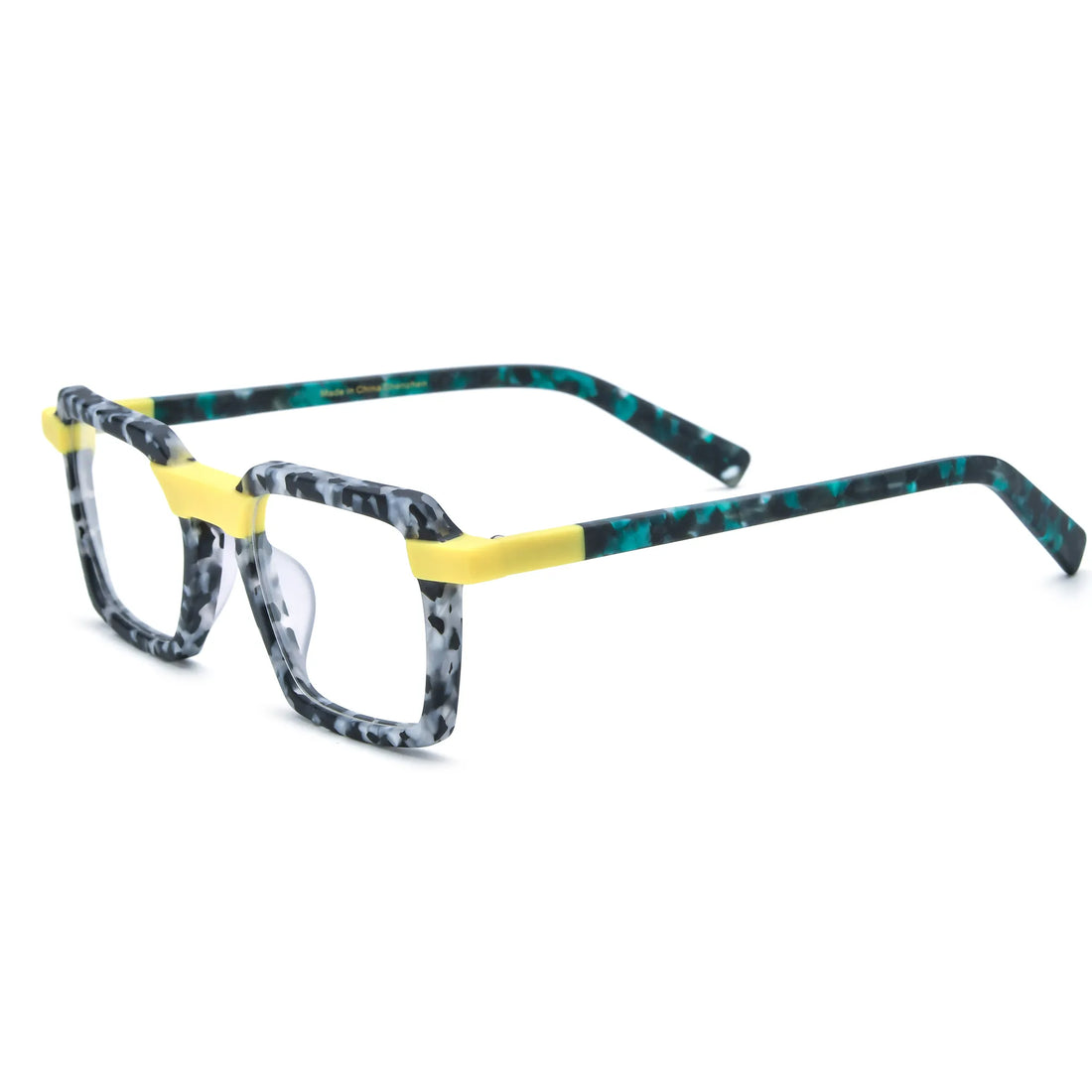 Barledear Lemon Teal Mosaic square eyeglasses angled side view showing yellow accents and teal acetate temples