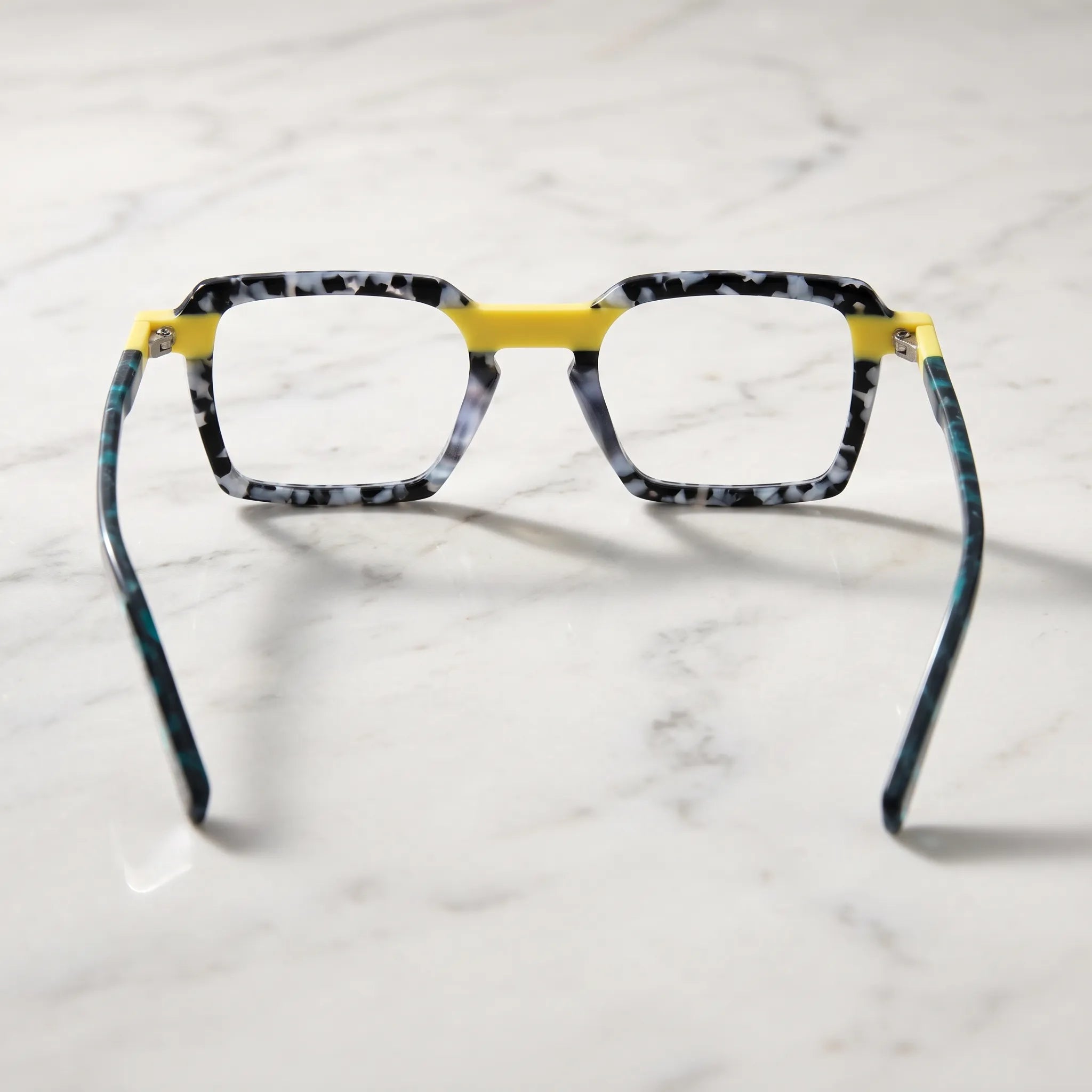 Barledear Lemon Teal Mosaic eyeglasses back view showing the patchwork full-rim frame and molded nose pads