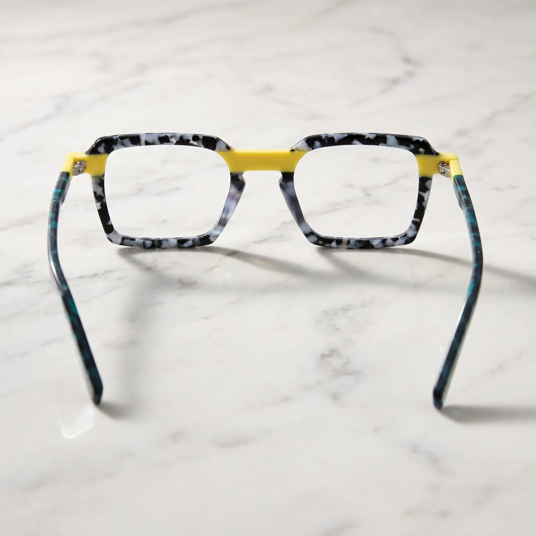Barledear Lemon Teal Mosaic eyeglasses back view showing the patchwork full-rim frame and molded nose pads