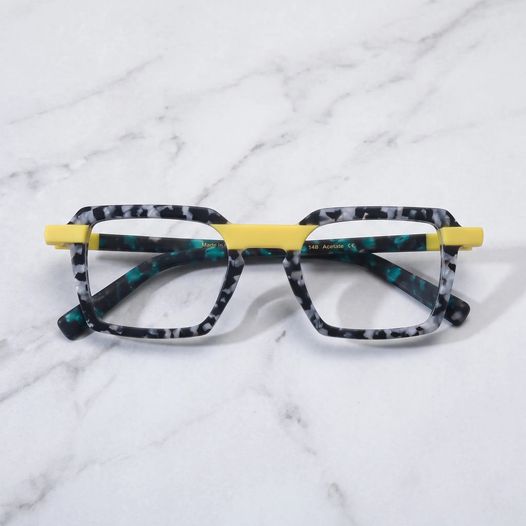 Barledear Lemon Teal Mosaic eyeglasses folded display showing yellow frame accents and teal patterned temples