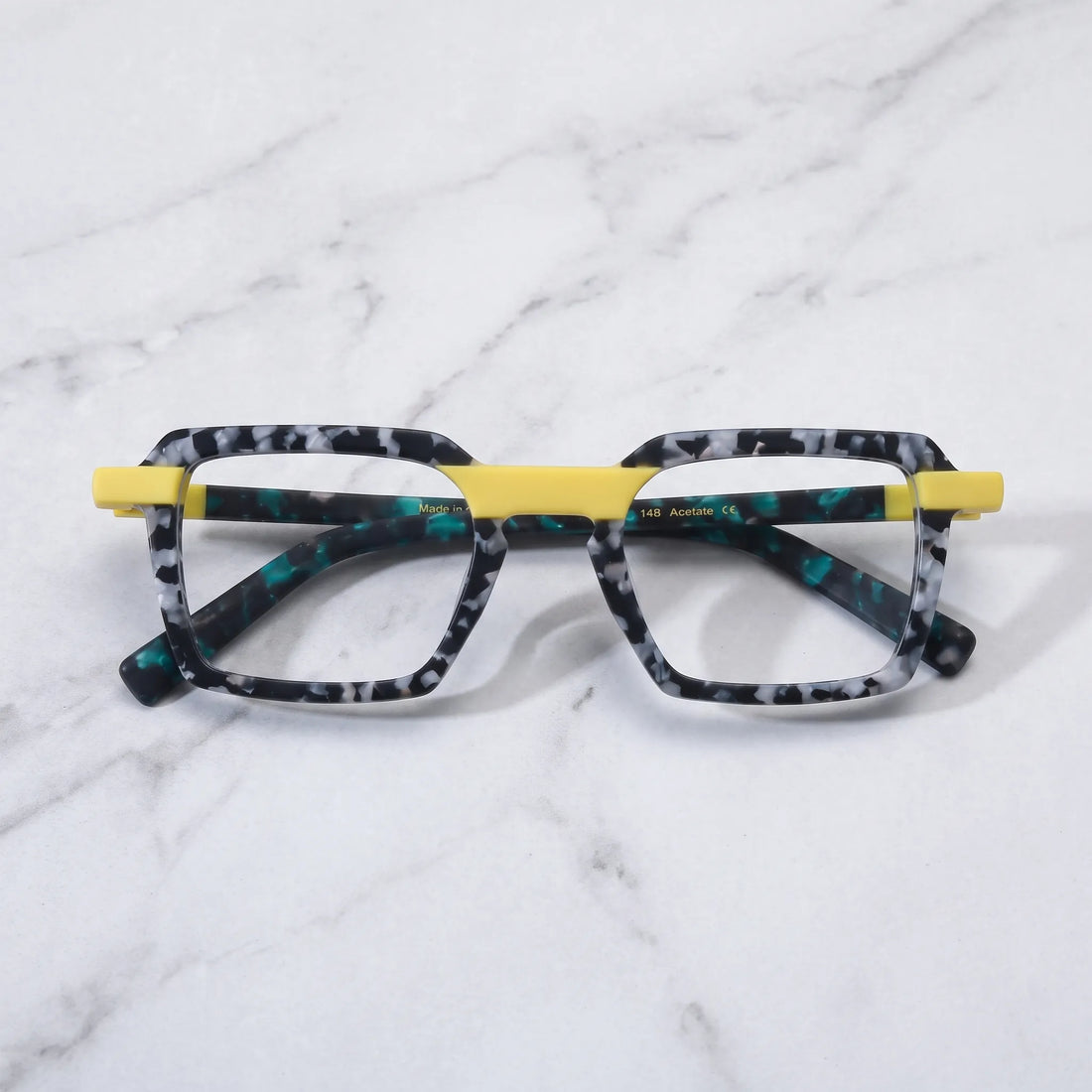Barledear Lemon Teal Mosaic eyeglasses folded display showing yellow frame accents and teal patterned temples