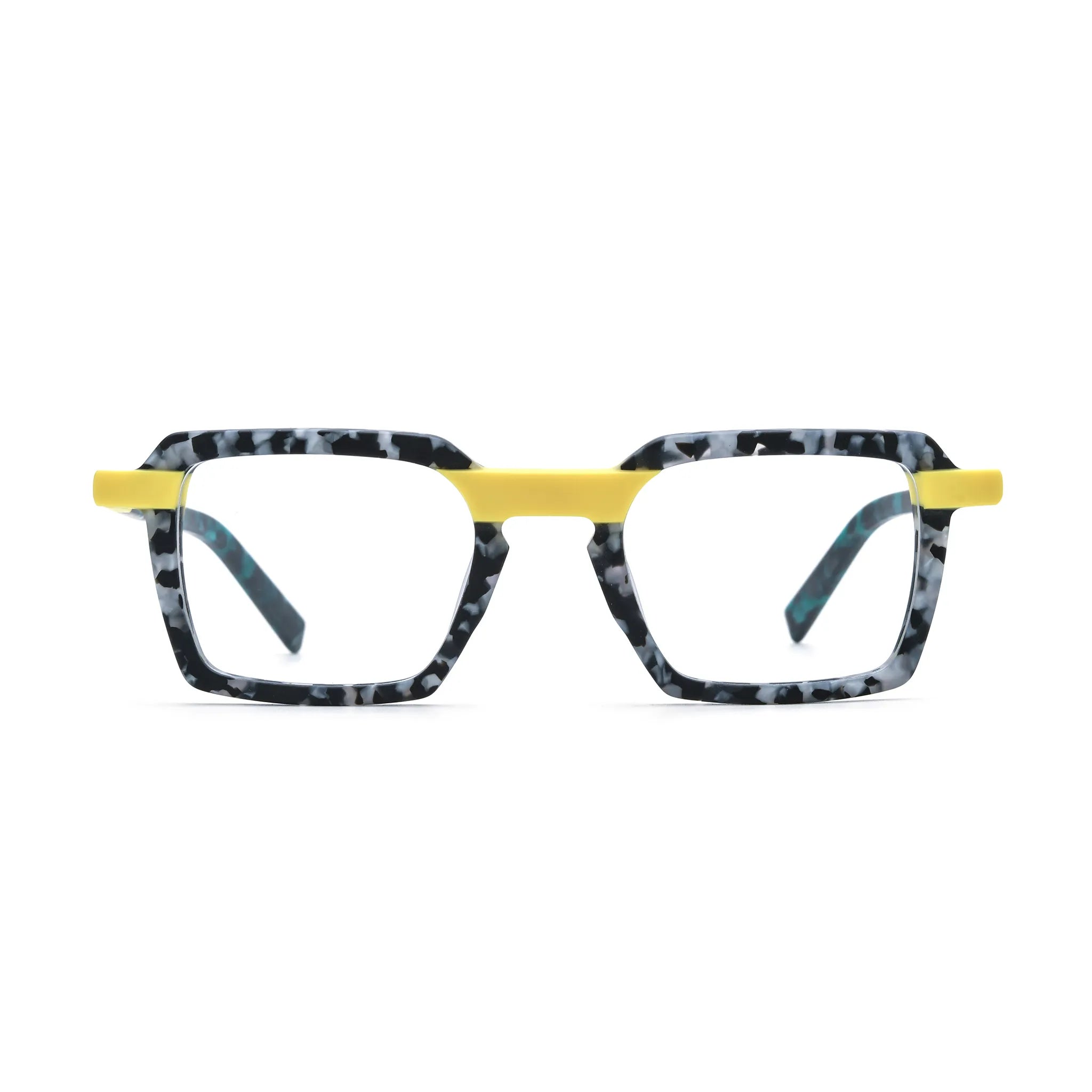 Barledear Lemon Teal Mosaic square eyeglasses front view with yellow accents and black white patchwork acetate