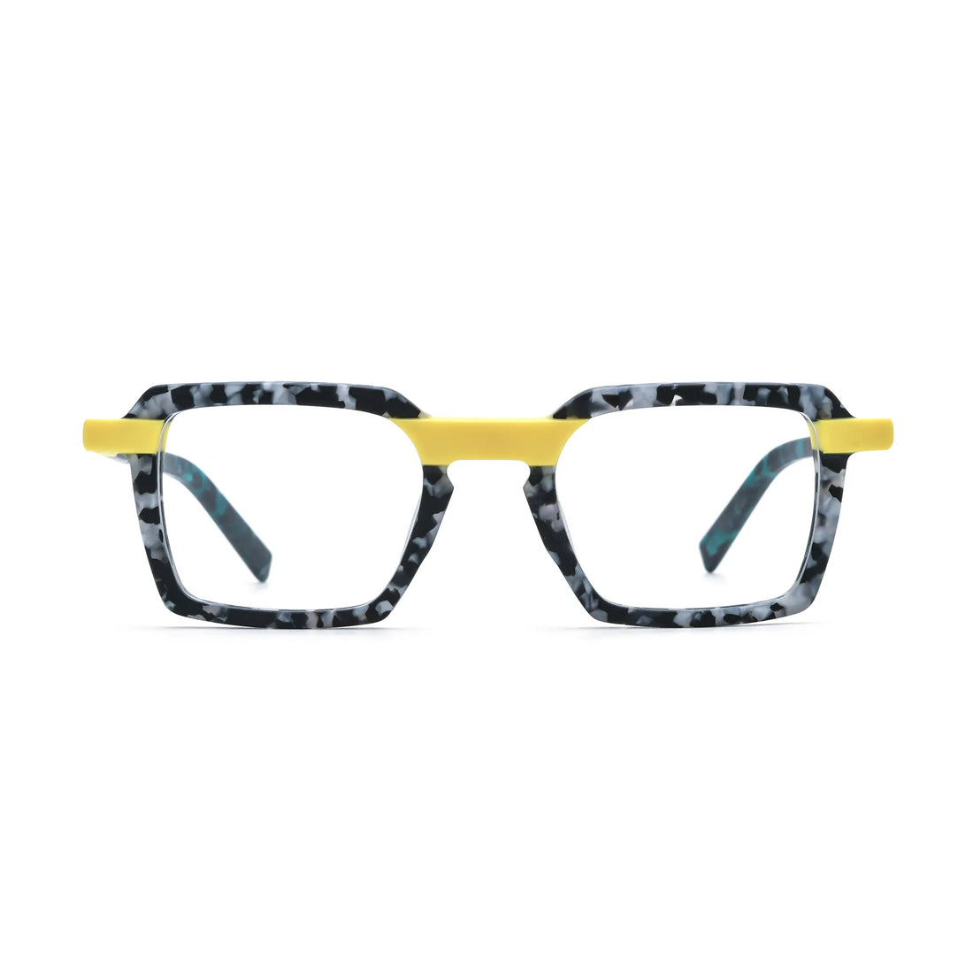 Barledear Lemon Teal Mosaic square eyeglasses front view with yellow accents and black white patchwork acetate