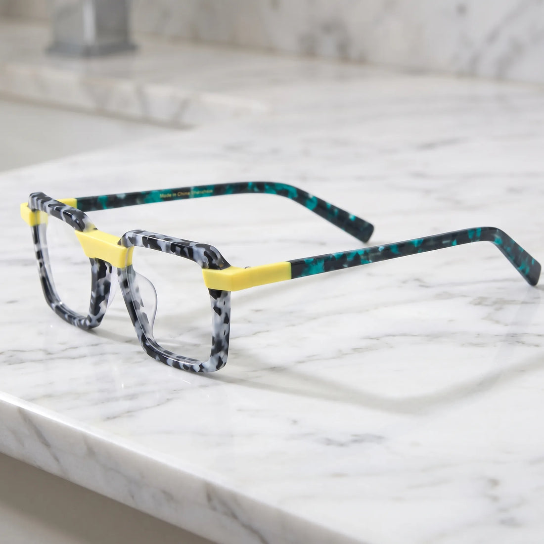 Barledear Lemon Teal Mosaic square eyeglasses angled side view showing yellow accents and teal acetate temples