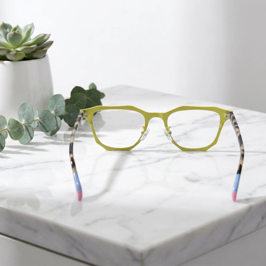 Barledear Lemon Tortoise eyeglasses back view showing temple structure, full-rim frame shape, and soft silicone nose pads