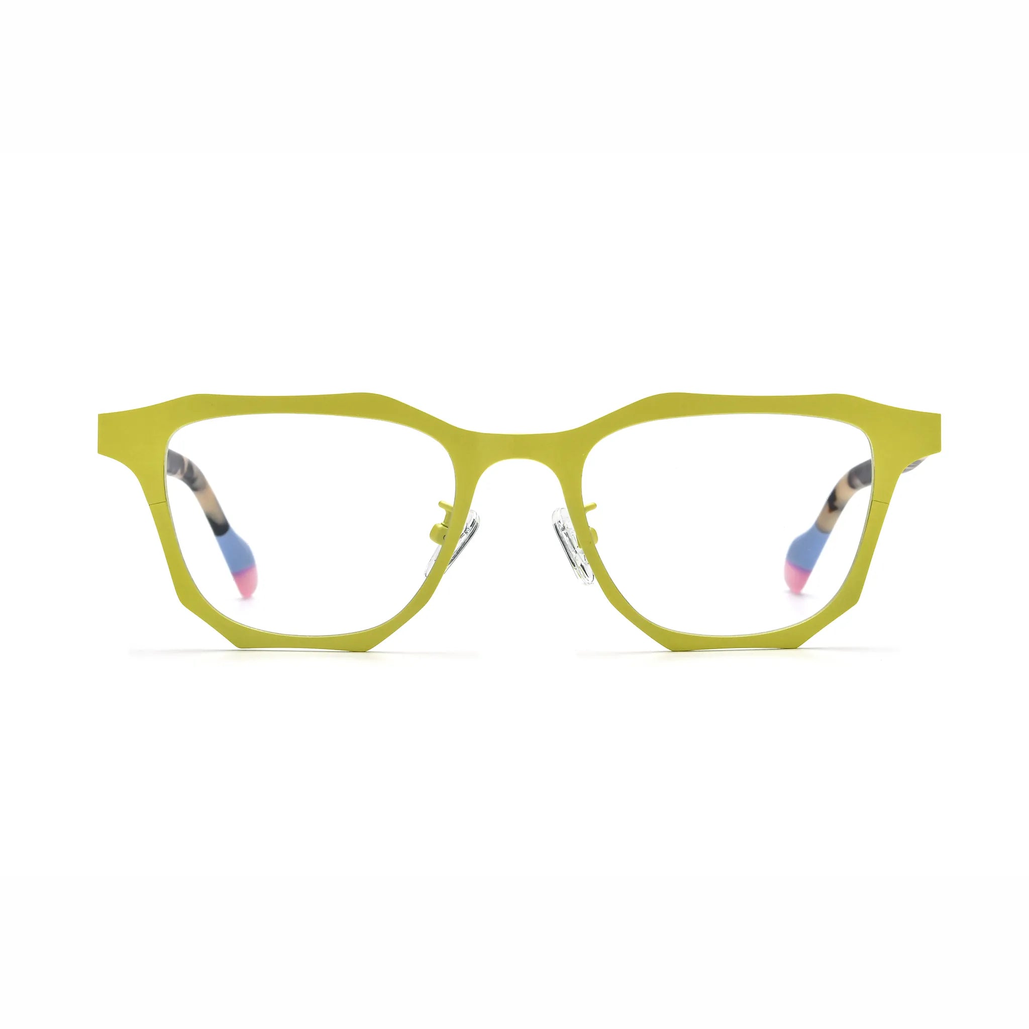 Barledear Lemon Tortoise eyeglasses front view with lightweight geometric titanium square frame and patterned temples
