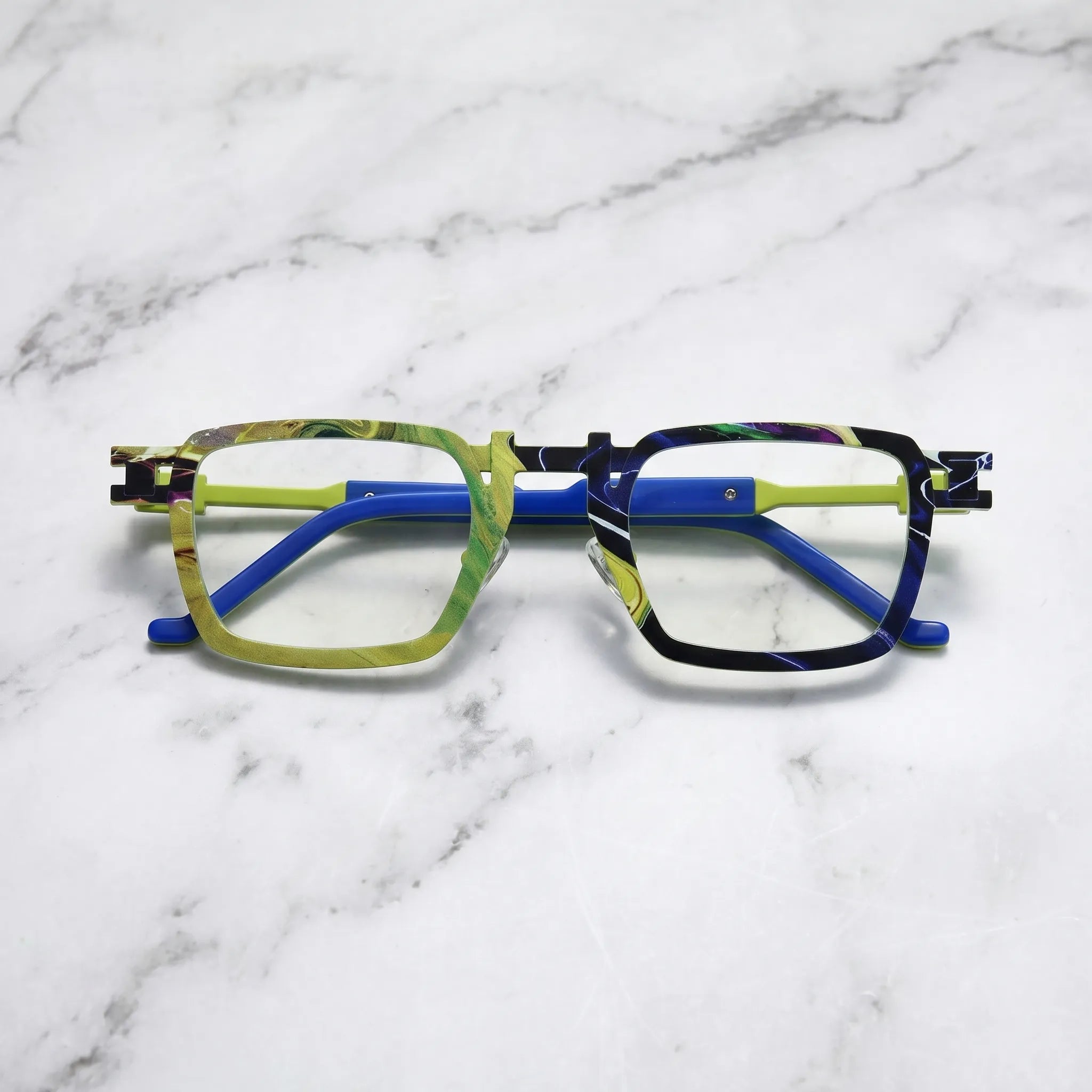 Barledear Lime Cobalt Mosaic eyeglasses folded display showing pure titanium frame structure, patterned temple arms, and square full-rim design