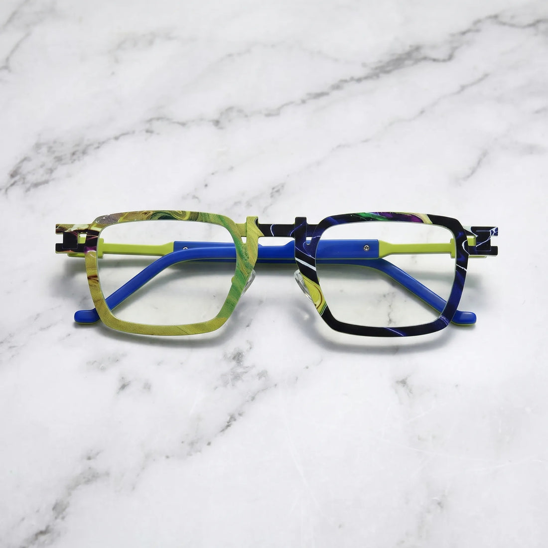 Barledear Lime Cobalt Mosaic eyeglasses folded display showing pure titanium frame structure, patterned temple arms, and square full-rim design