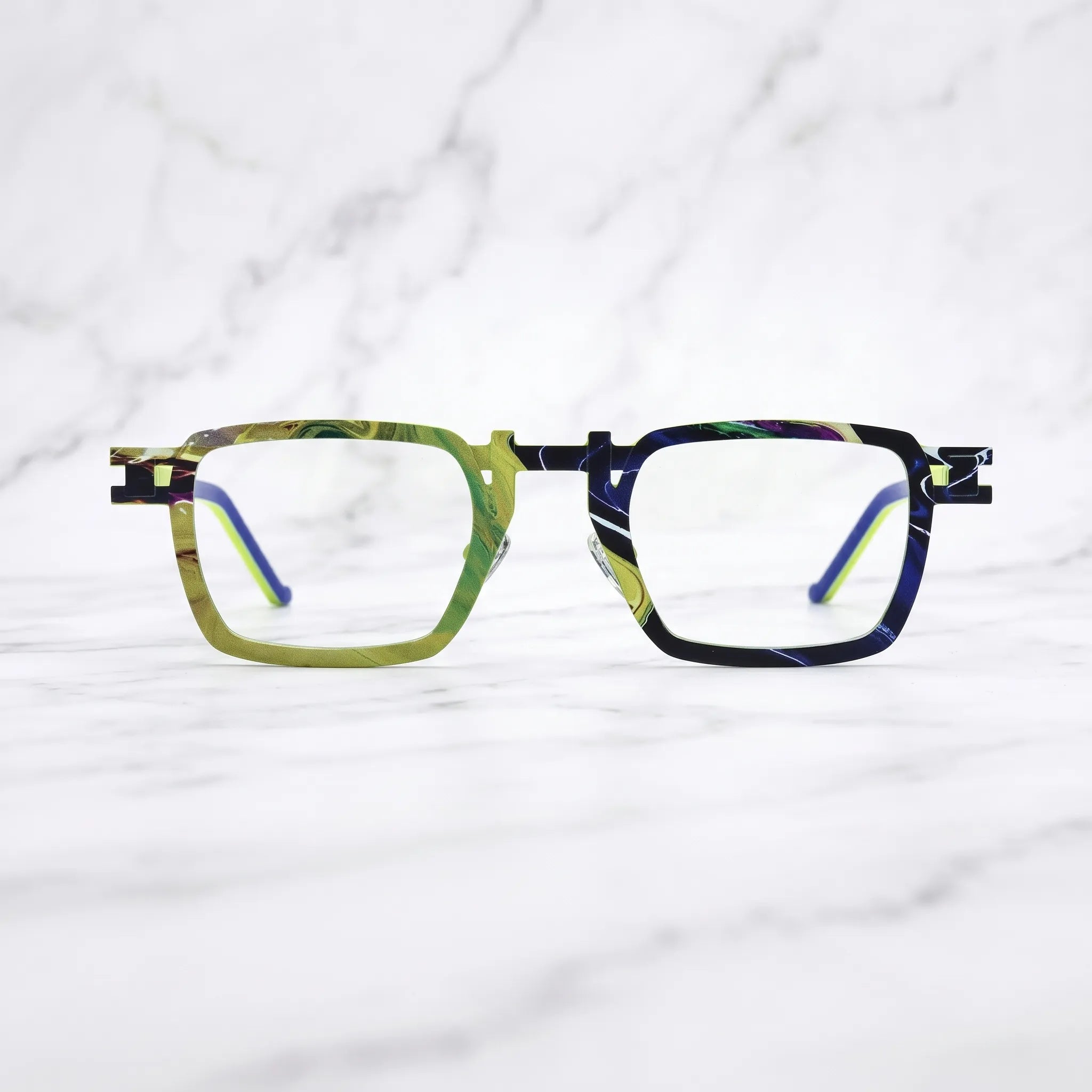 Barledear Lime Cobalt Mosaic eyeglasses shown in a clean lifestyle front view with bold colorblock square frame for everyday prescription eyewear