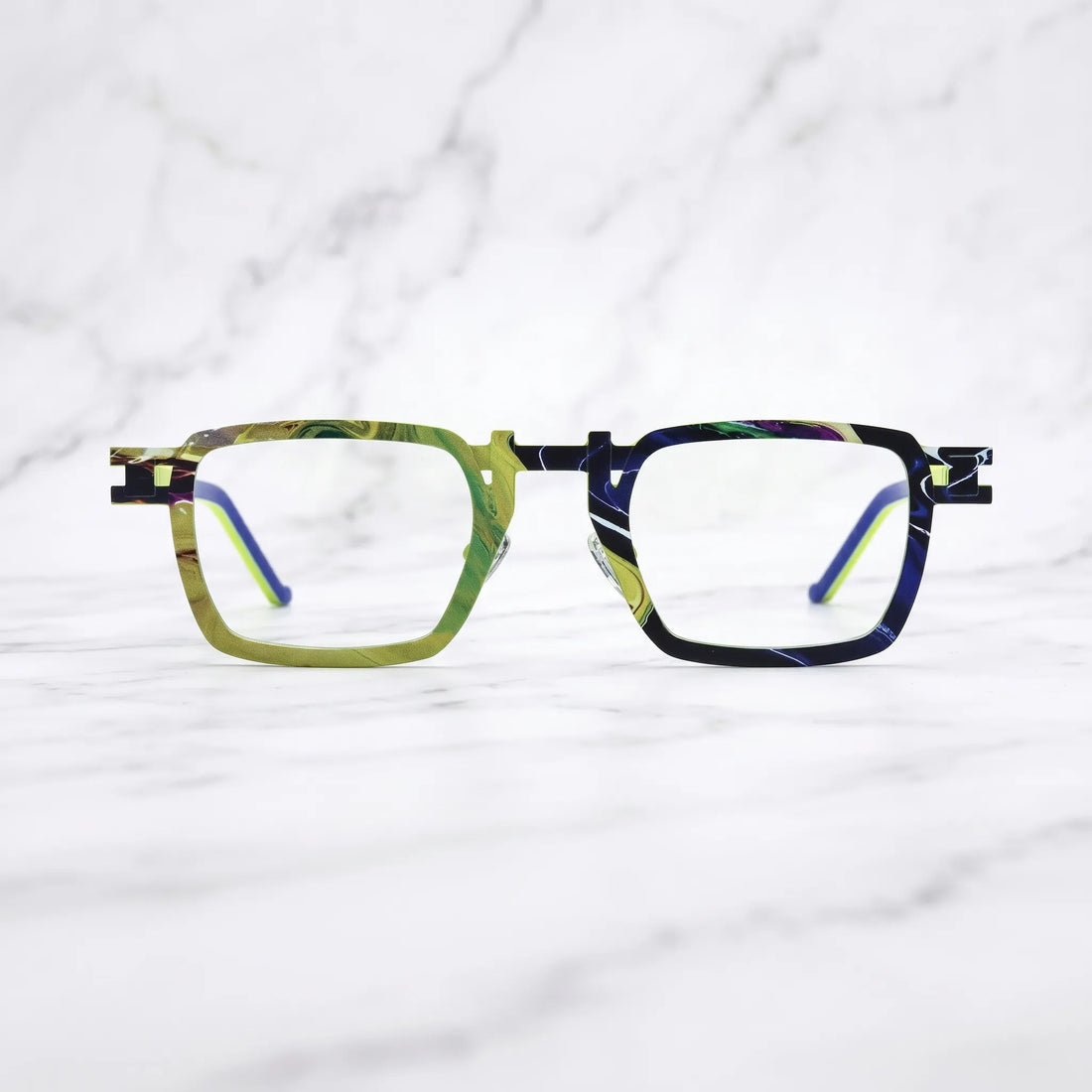 Barledear Lime Cobalt Mosaic eyeglasses shown in a clean lifestyle front view with bold colorblock square frame for everyday prescription eyewear