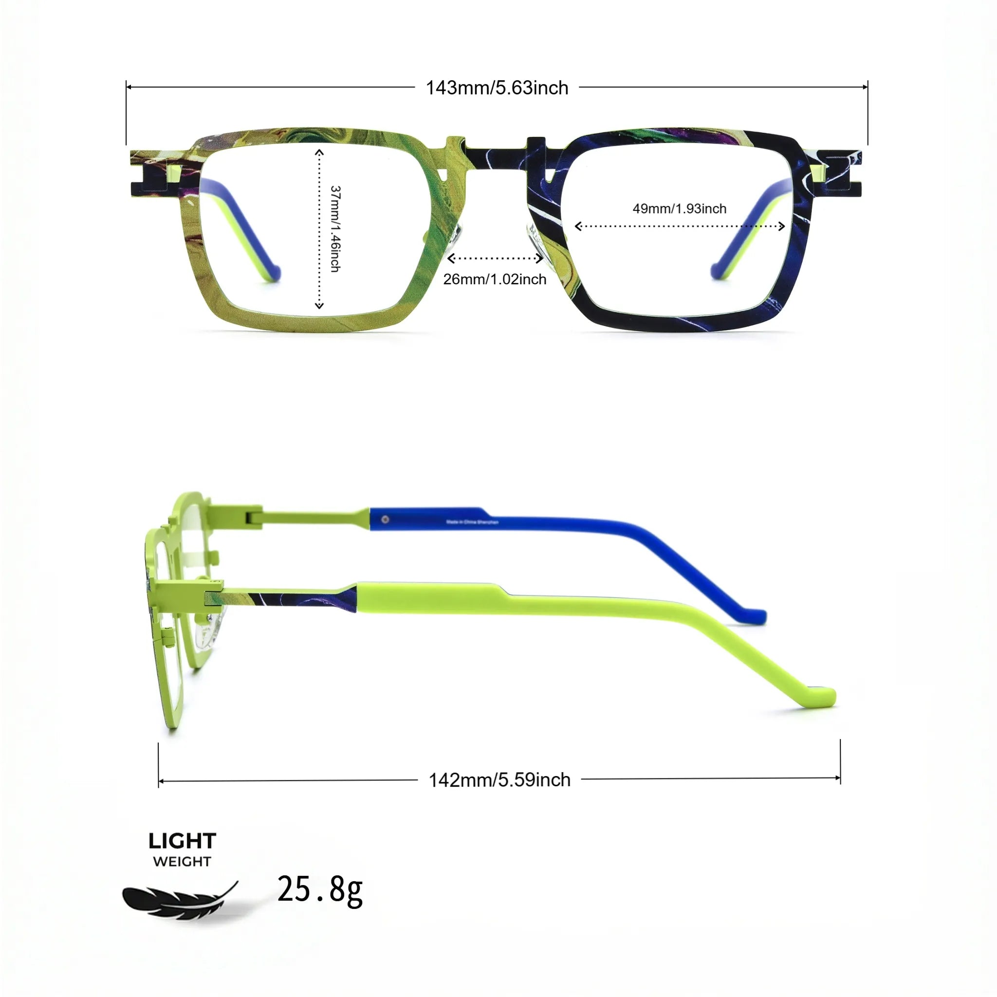 Barledear Lime Cobalt Mosaic eyeglasses size chart showing 143 mm frame width, 49 mm lens width, 37 mm lens height, 26 mm bridge, and 142 mm temple length