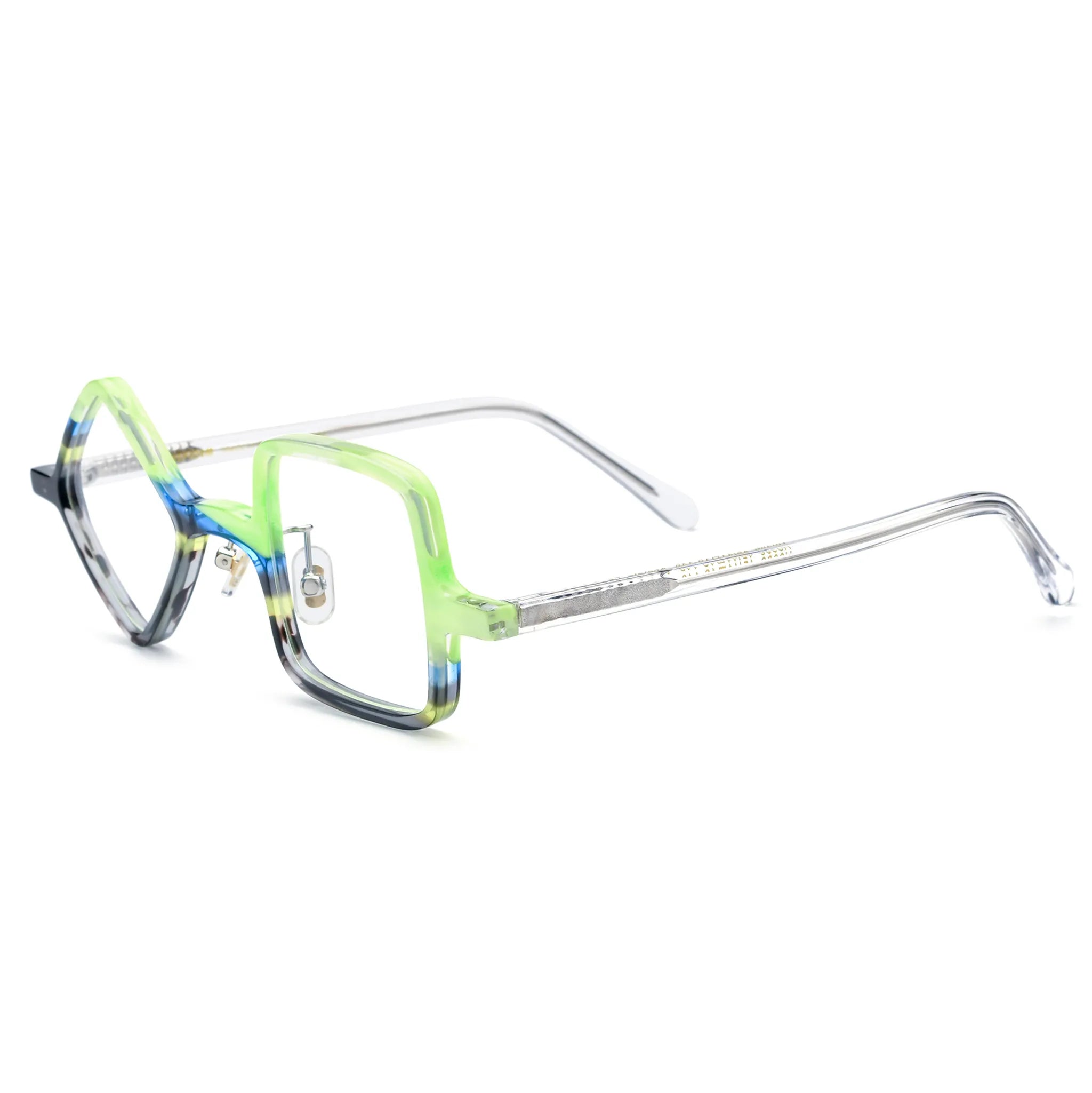 Barledear Lime Smoke asymmetric geometric acetate eyeglasses angled side view showing the lime and smoke frame pattern, metal hinges, and clear temples with visible internal cores.