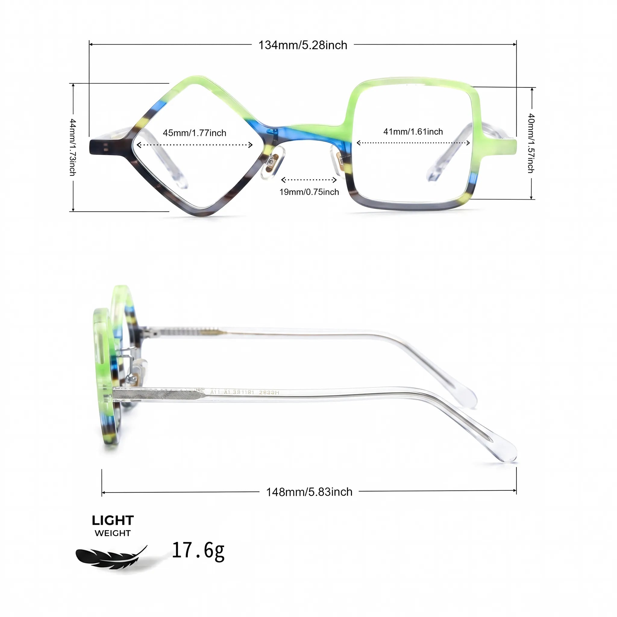 Barledear Lime Smoke eyeglasses size chart with 134 mm frame width, 45 mm left lens width, 44 mm left lens height, 41 mm right lens width, 40 mm right lens height, 19 mm bridge, 148 mm temples, and 17.6 g weight.