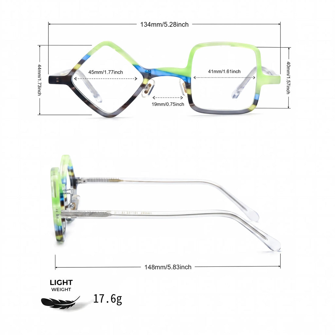 Barledear Lime Smoke eyeglasses size chart with 134 mm frame width, 45 mm left lens width, 44 mm left lens height, 41 mm right lens width, 40 mm right lens height, 19 mm bridge, 148 mm temples, and 17.6 g weight.