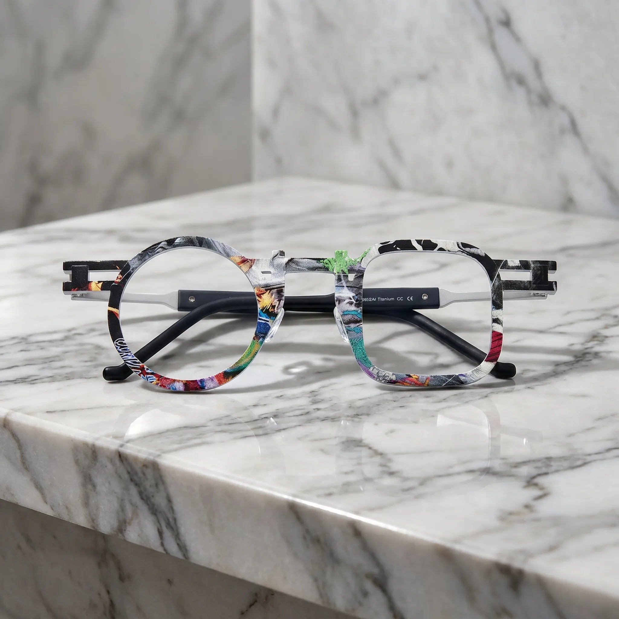 Barledear Marble White eyeglasses folded display showing printed titanium temples and full-rim frame structure
