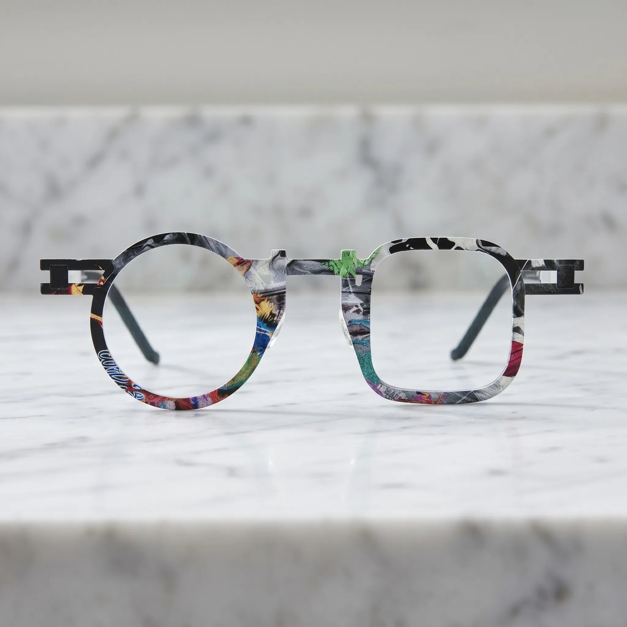 Barledear Marble White eyeglasses shown in a clean lifestyle front view with colorful mosaic geometric frame detail