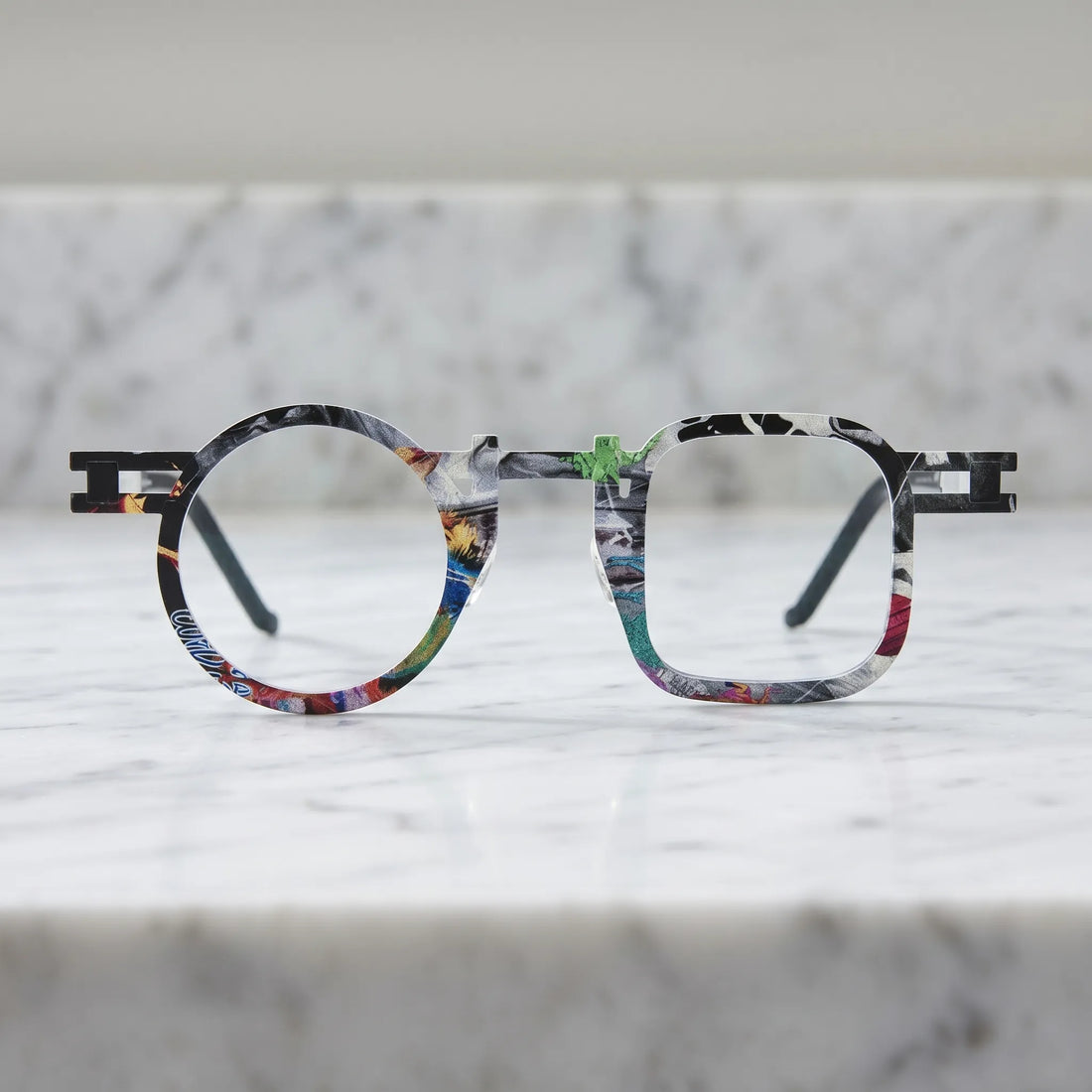 Barledear Marble White eyeglasses shown in a clean lifestyle front view with colorful mosaic geometric frame detail