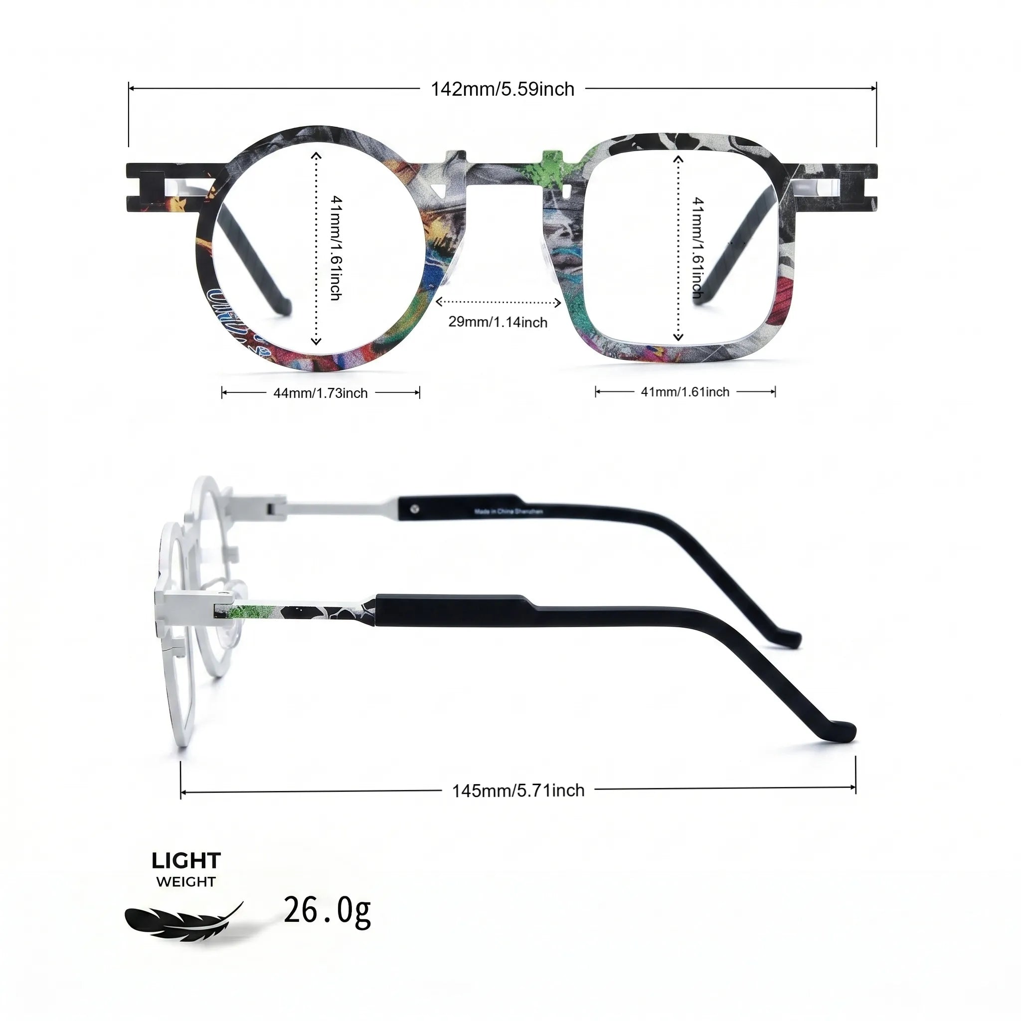 Barledear Marble White eyeglasses size chart showing 142mm frame width, 44mm left lens width, 41mm right lens width, 41mm lens height, 29mm bridge, and 145mm temple