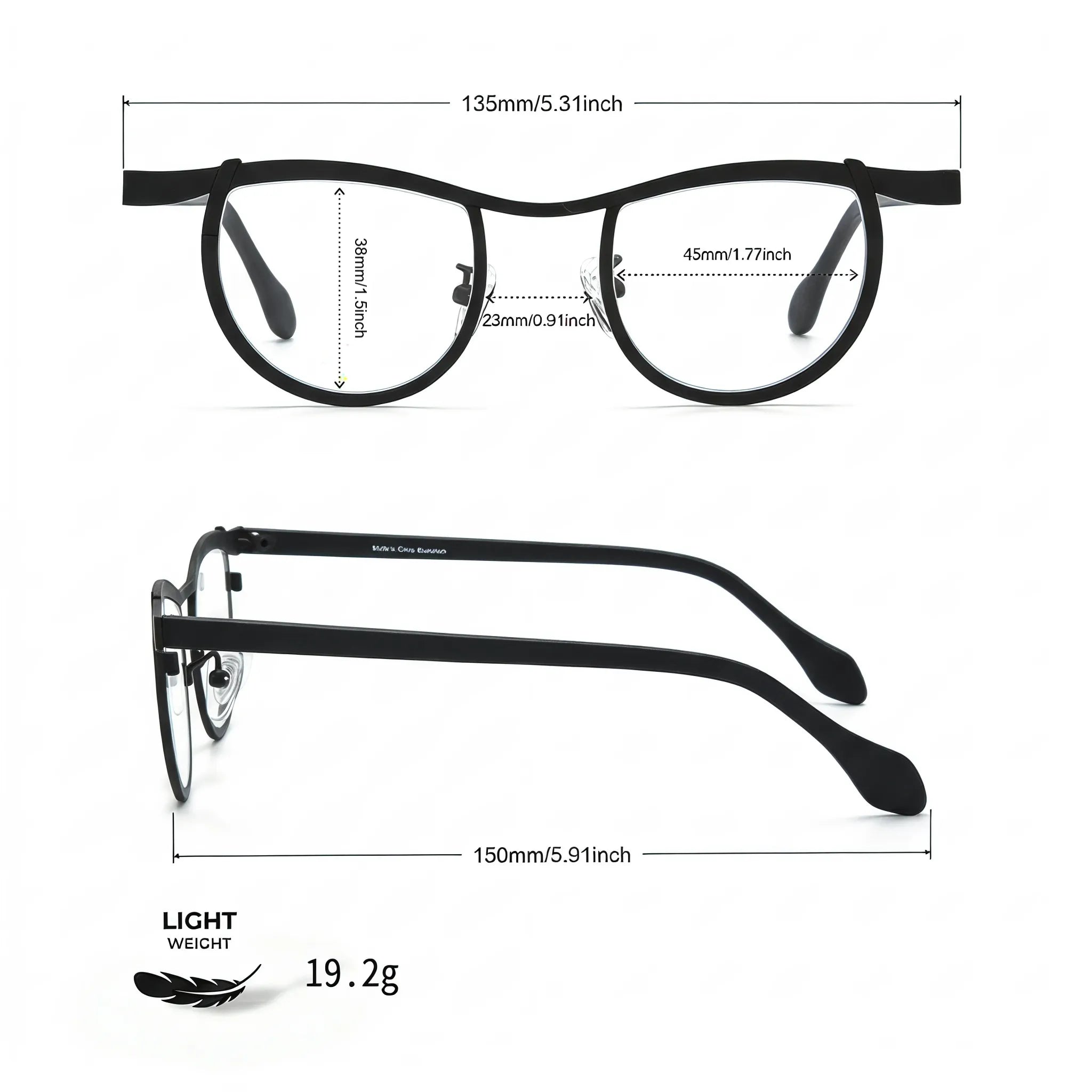 Barledear Matte Charcoal Black eyeglasses size chart with frame width lens width bridge and temple measurements