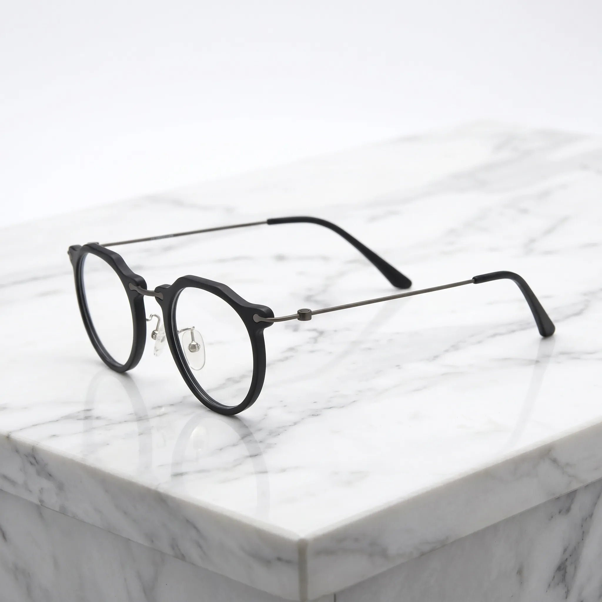 Barledear Matte Noir eyeglasses angled side view showing slim wire temples adjustable nose pads and bridge detail