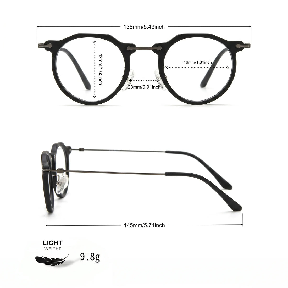 Barledear Matte Noir eyeglasses size chart with 138mm frame width 46mm lens width 42mm lens height 23mm bridge and 145mm temple measurements