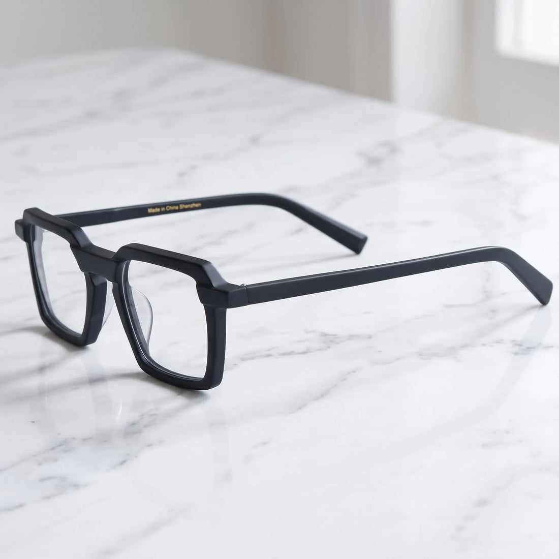 Barledear Matte Onyx square eyeglasses angled side view showing the matte acetate frame and slim temples