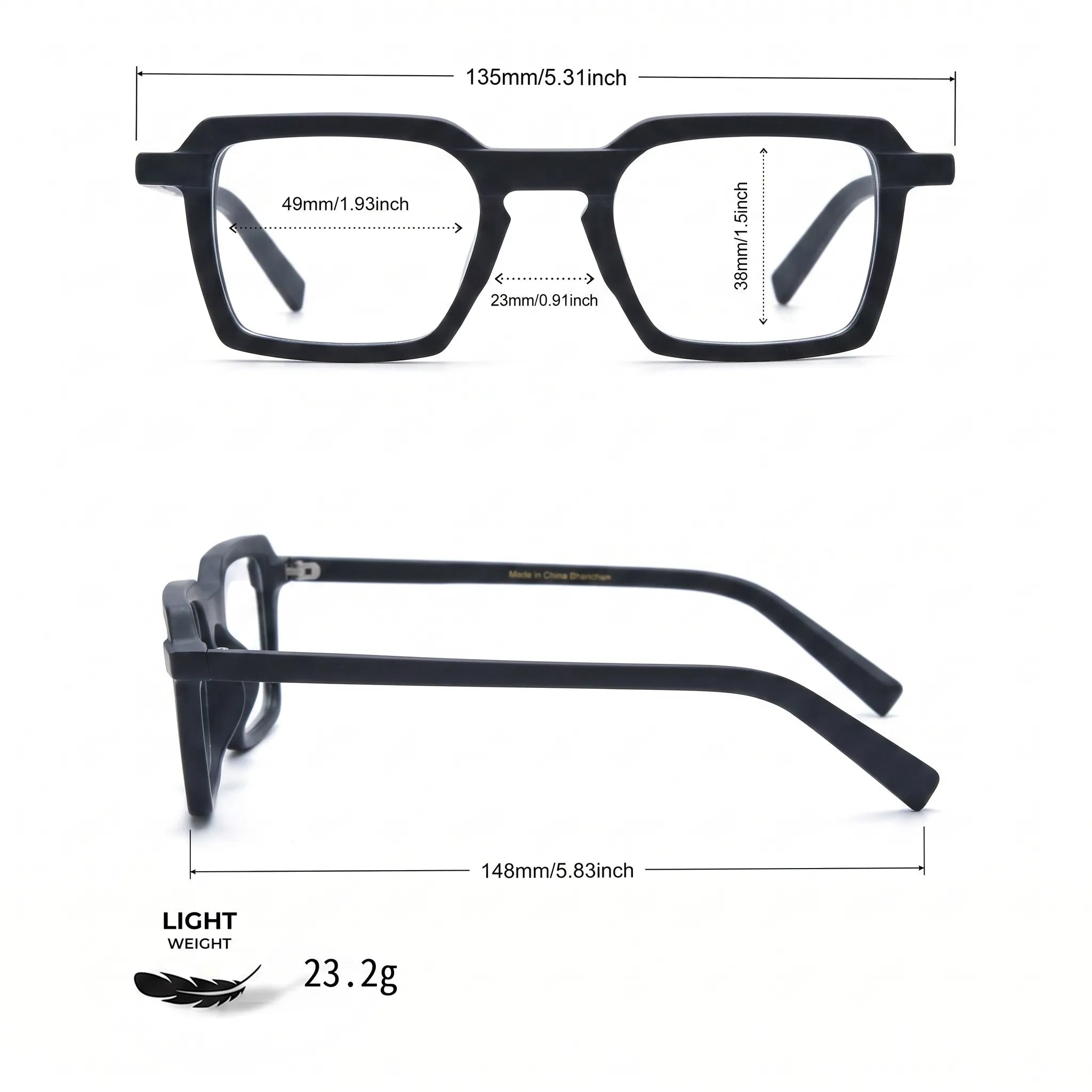 Barledear Matte Onyx eyeglasses size chart showing 135 mm frame width and 49-23-148 measurements