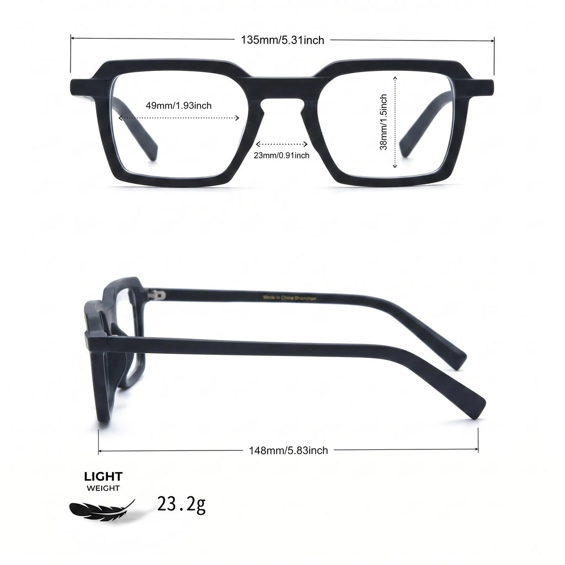 Barledear Matte Onyx eyeglasses size chart showing 135 mm frame width and 49-23-148 measurements