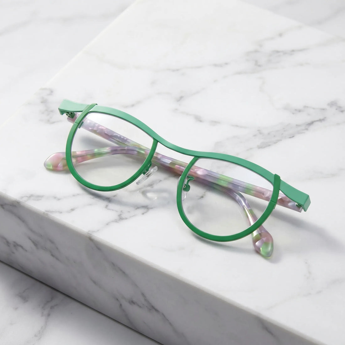 Barledear Meadow Clear Green eyeglasses folded display showing frame and temple design