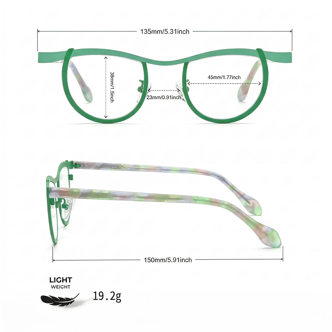 Barledear Meadow Clear Green eyeglasses size chart with frame width lens width bridge and temple measurements