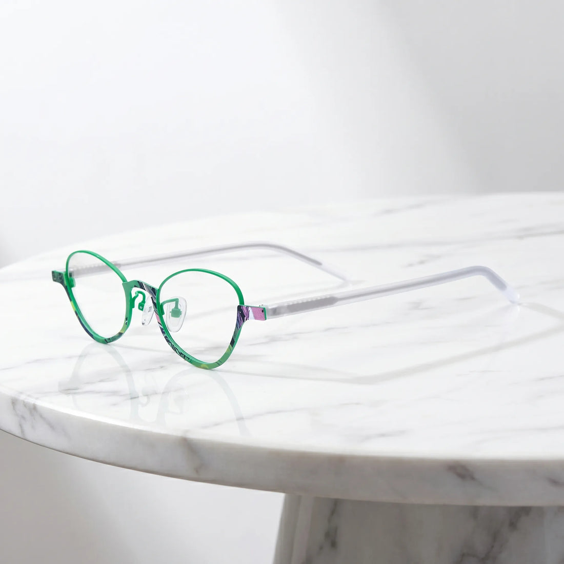 Barledear Meadow Jade eyeglasses angled side view showing slim temples adjustable nose pads and bridge detail