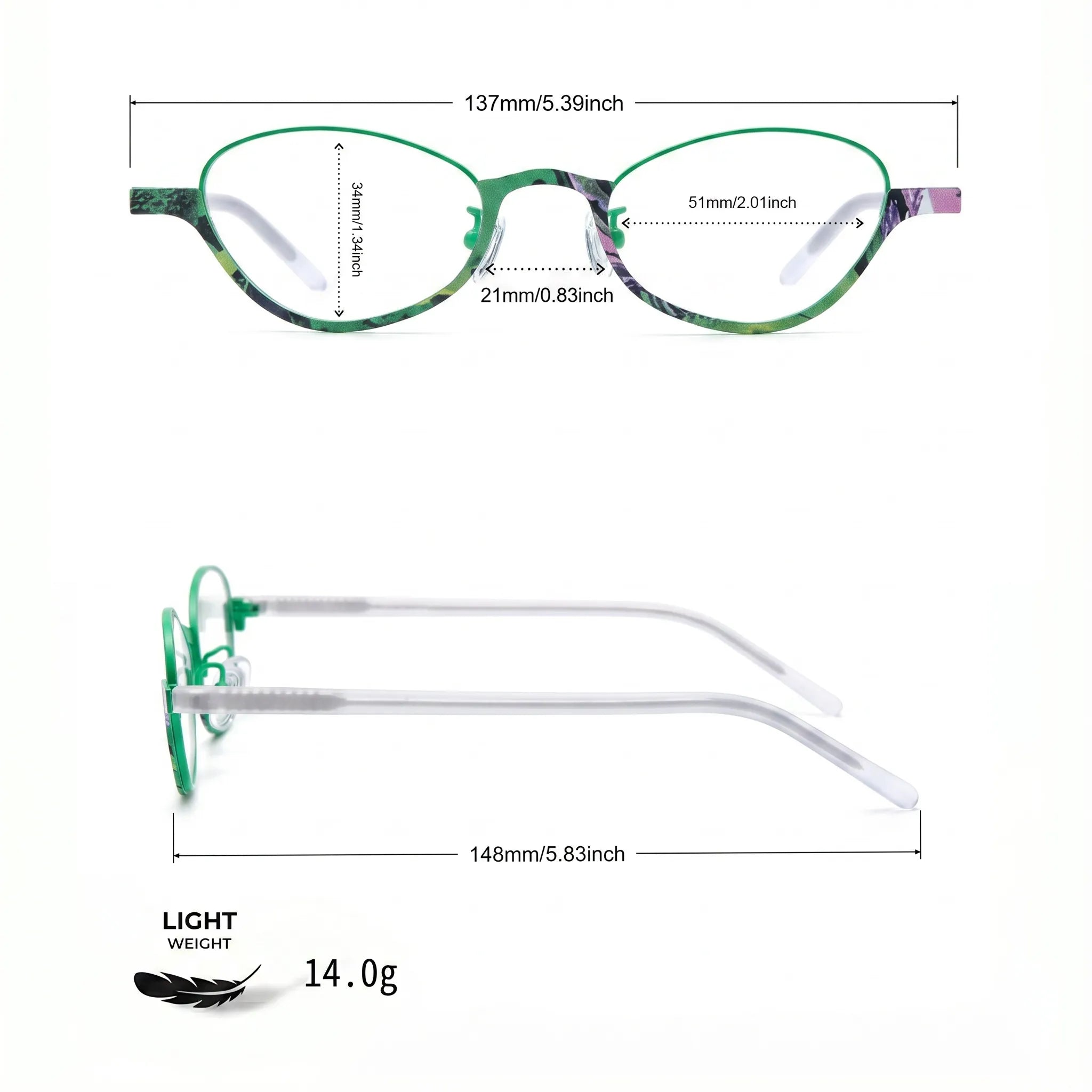 Barledear Meadow Jade eyeglasses size chart with 137 mm frame width 51 mm lens width 34 mm lens height 21 mm bridge and 148 mm temple length