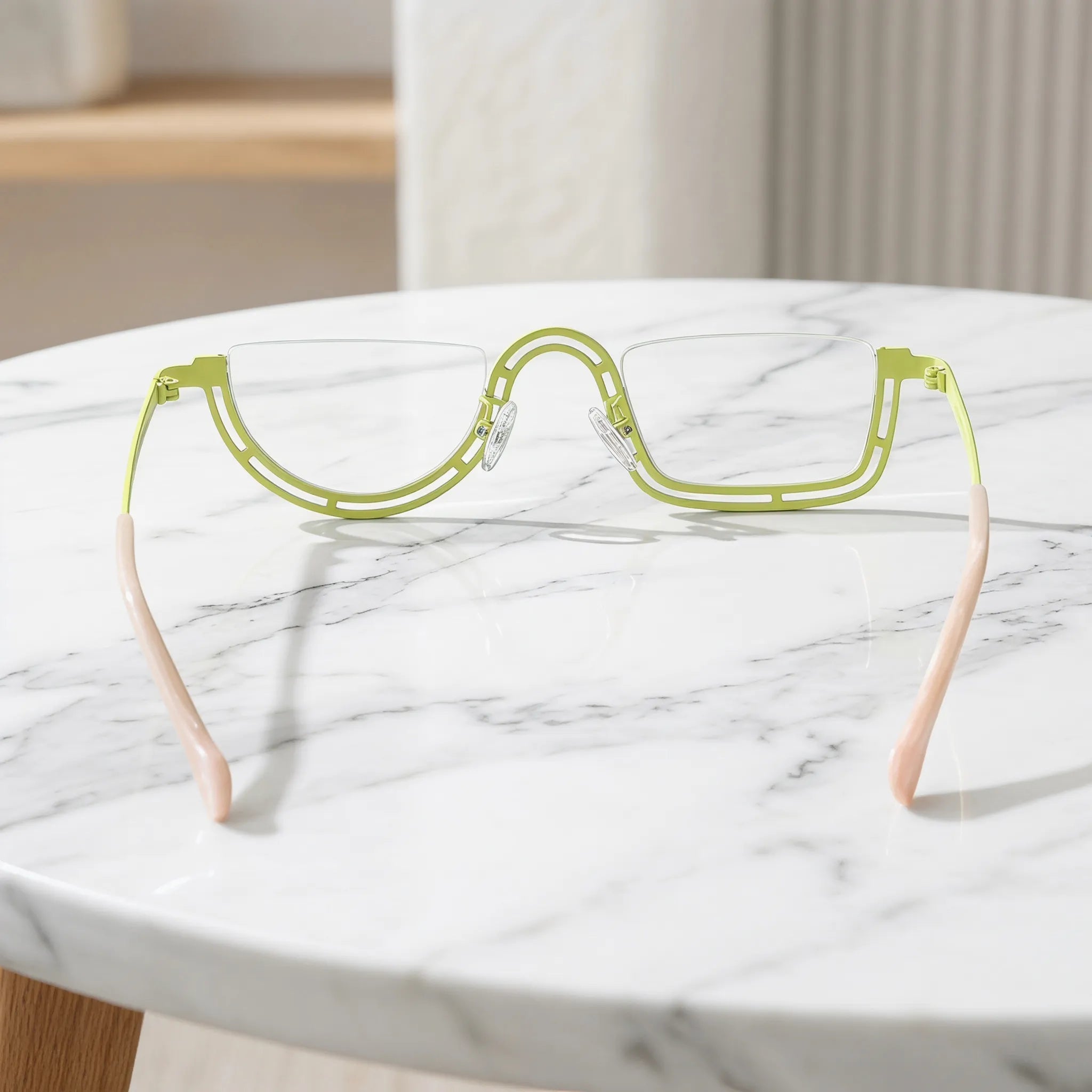 Barledear Meadow Lime Yellow eyeglasses back view showing temple shape and semi-rim frame structure