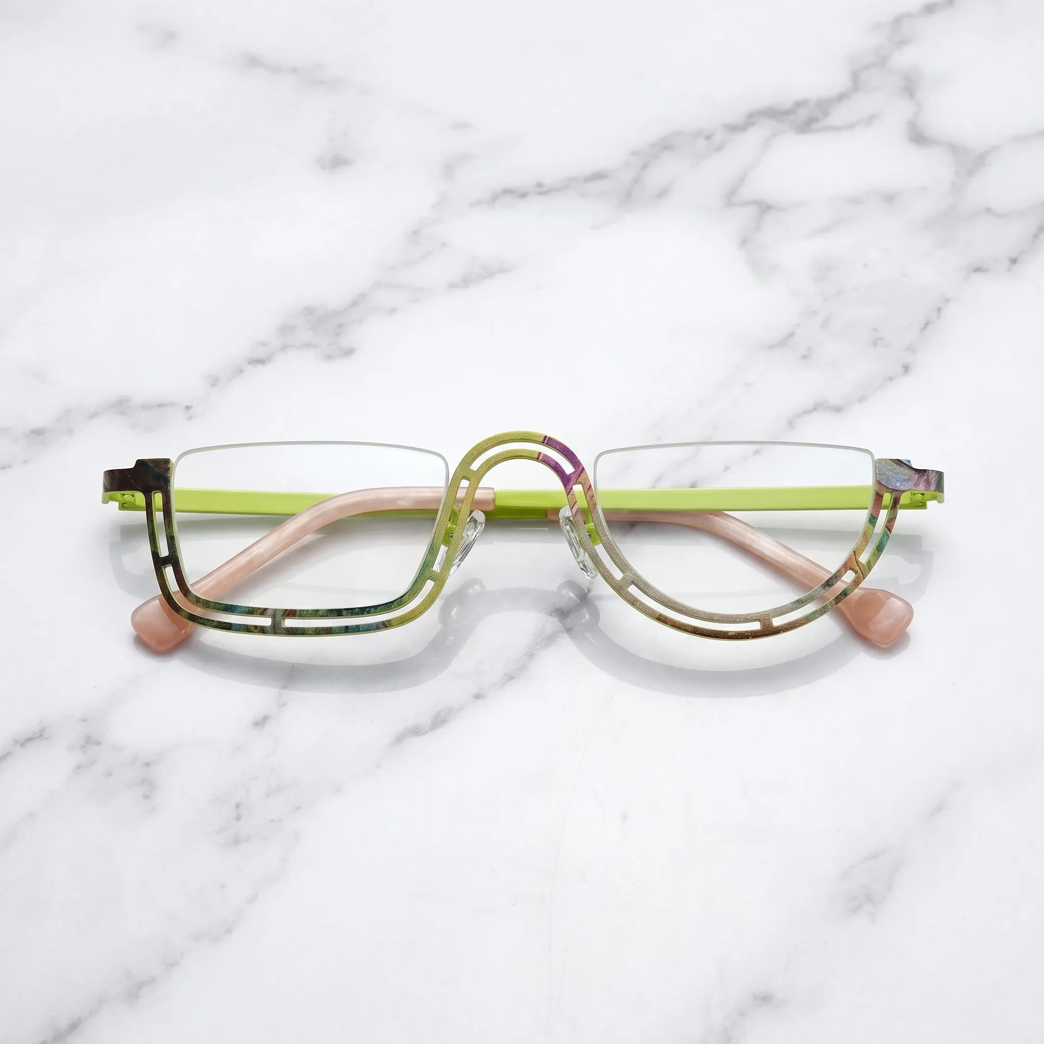 Barledear Meadow Lime Yellow eyeglasses folded display showing slim temples and artistic frame design