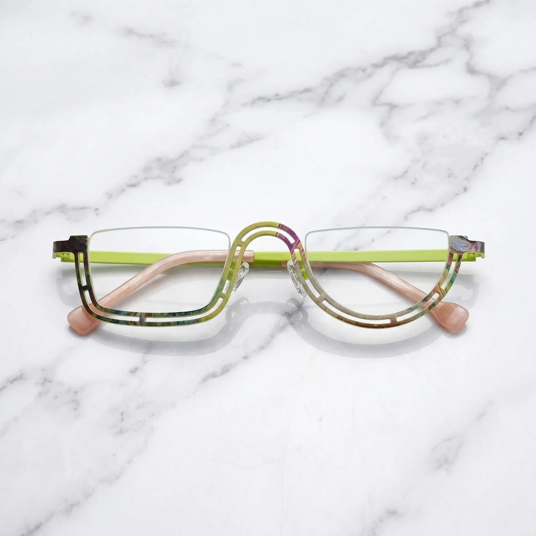 Barledear Meadow Lime Yellow eyeglasses folded display showing slim temples and artistic frame design