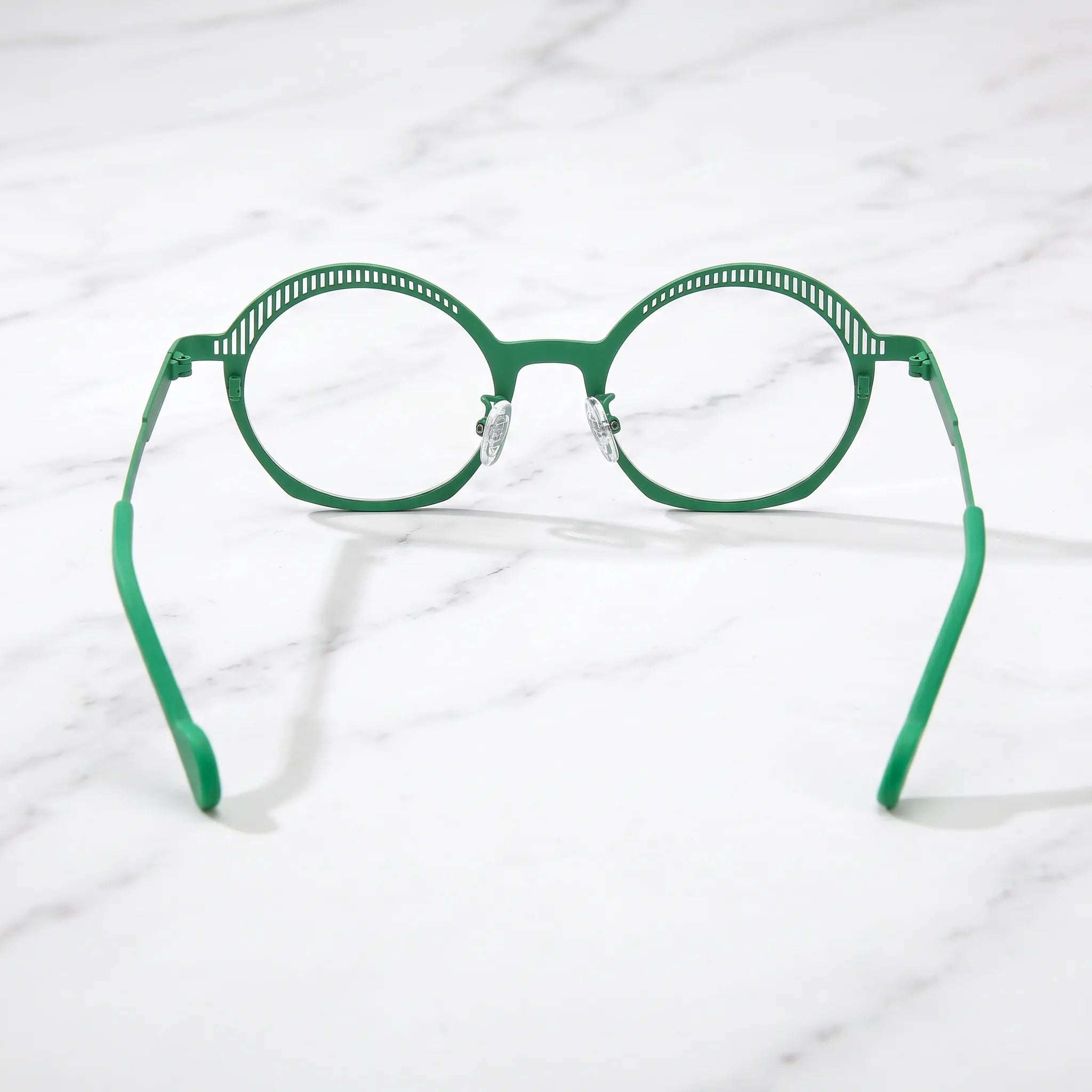 Barledear Meadow Mosaic eyeglasses back view showing adjustable clear silicone nose pads and prescription-ready titanium frame construction